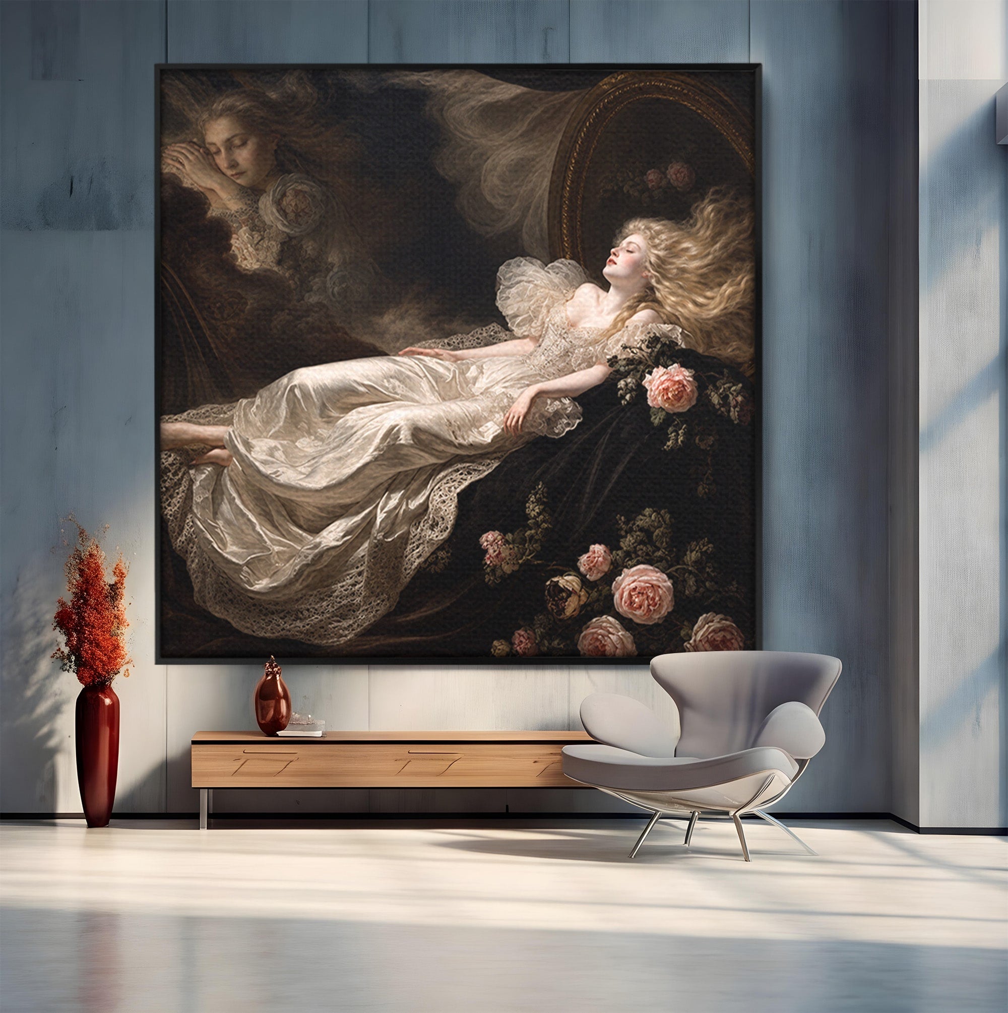 Tablou Canvas Premium LuxCanva® U1133, Visul Romantic, Femeie, Eleganta, Visare, Romantic, Dormitor, Culori Vibrante