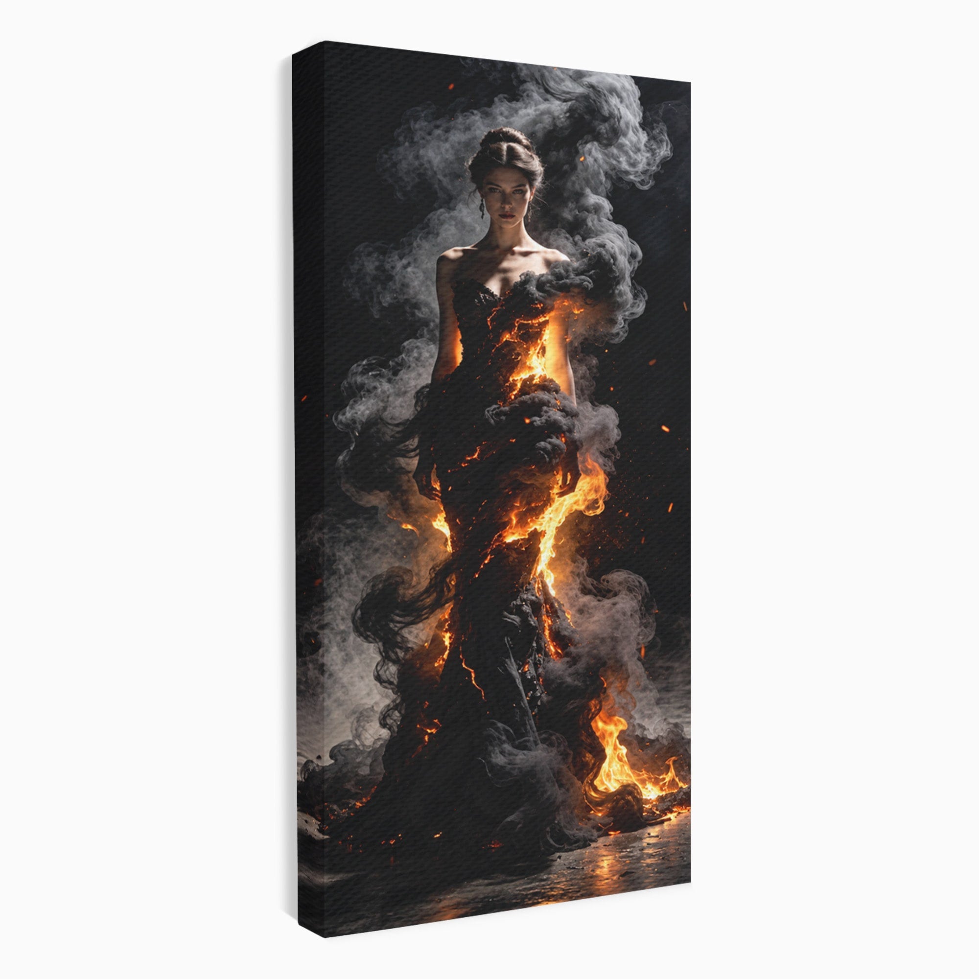 Tablou Canvas Premium LuxCanva® U1134, Misterul Flacarilor, Femeie, Foc, Mister, Dramatic, Living, Culori Vibrante