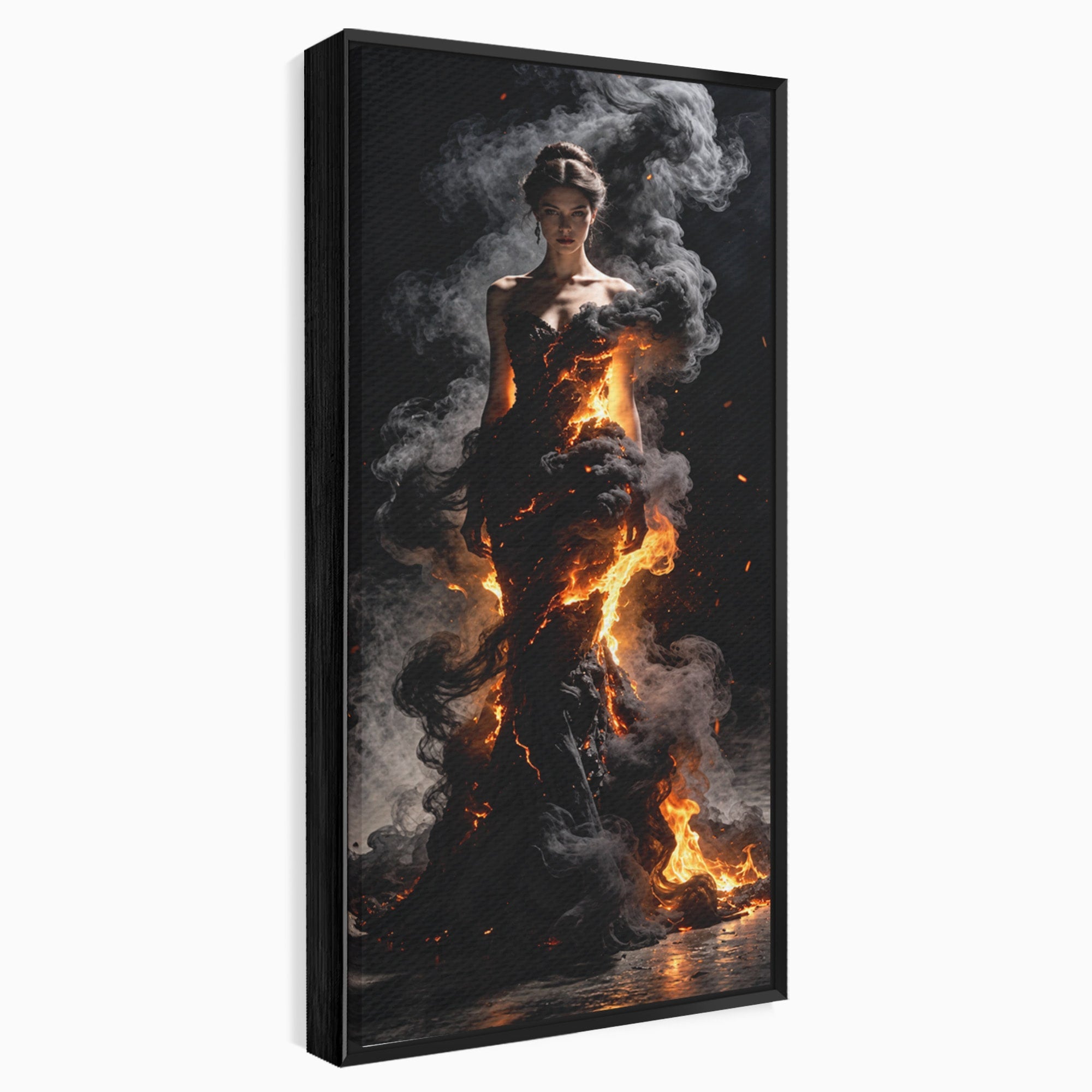 Tablou Canvas Premium LuxCanva® U1134, Misterul Flacarilor, Femeie, Foc, Mister, Dramatic, Living, Culori Vibrante