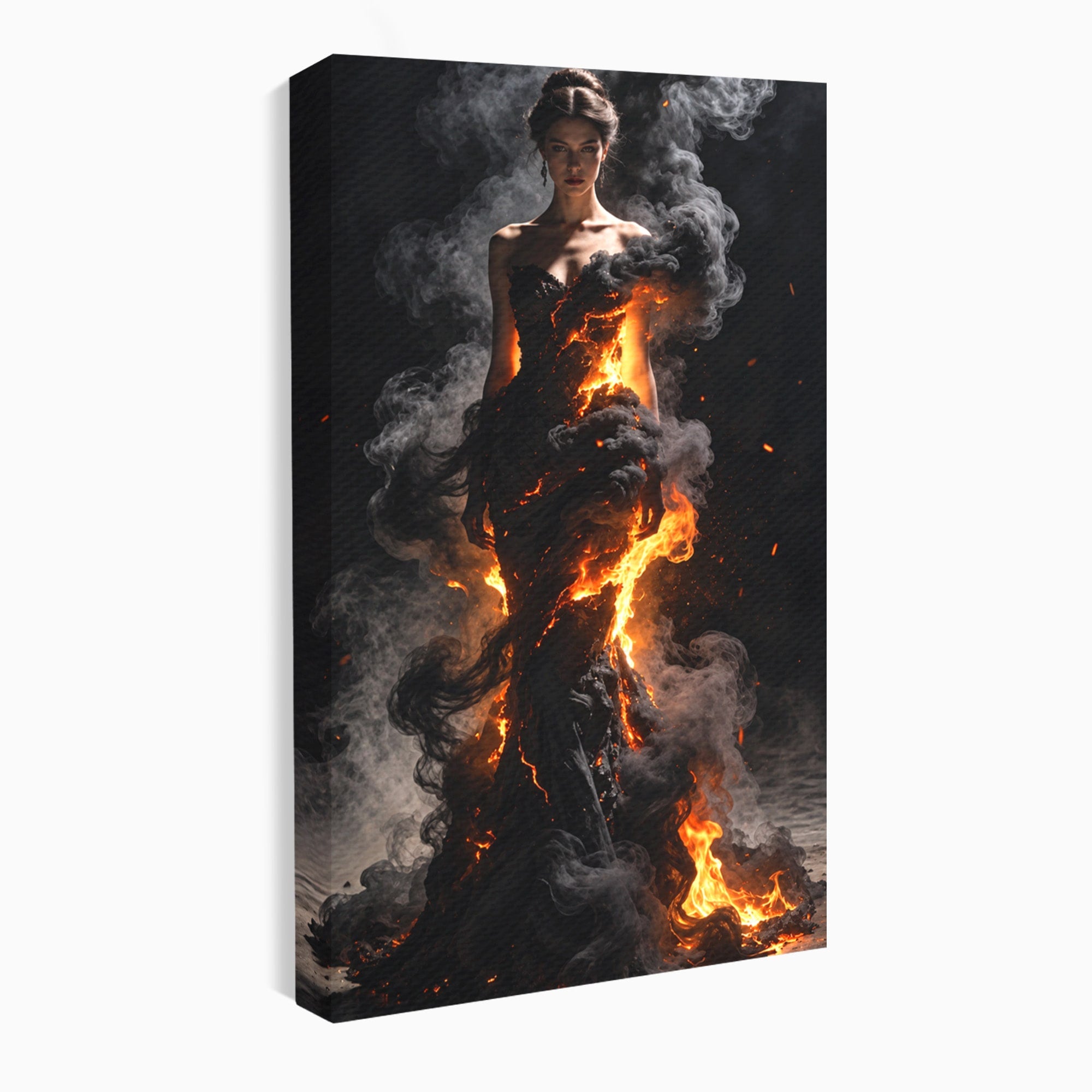 Tablou Canvas Premium LuxCanva® U1134, Misterul Flacarilor, Femeie, Foc, Mister, Dramatic, Living, Culori Vibrante