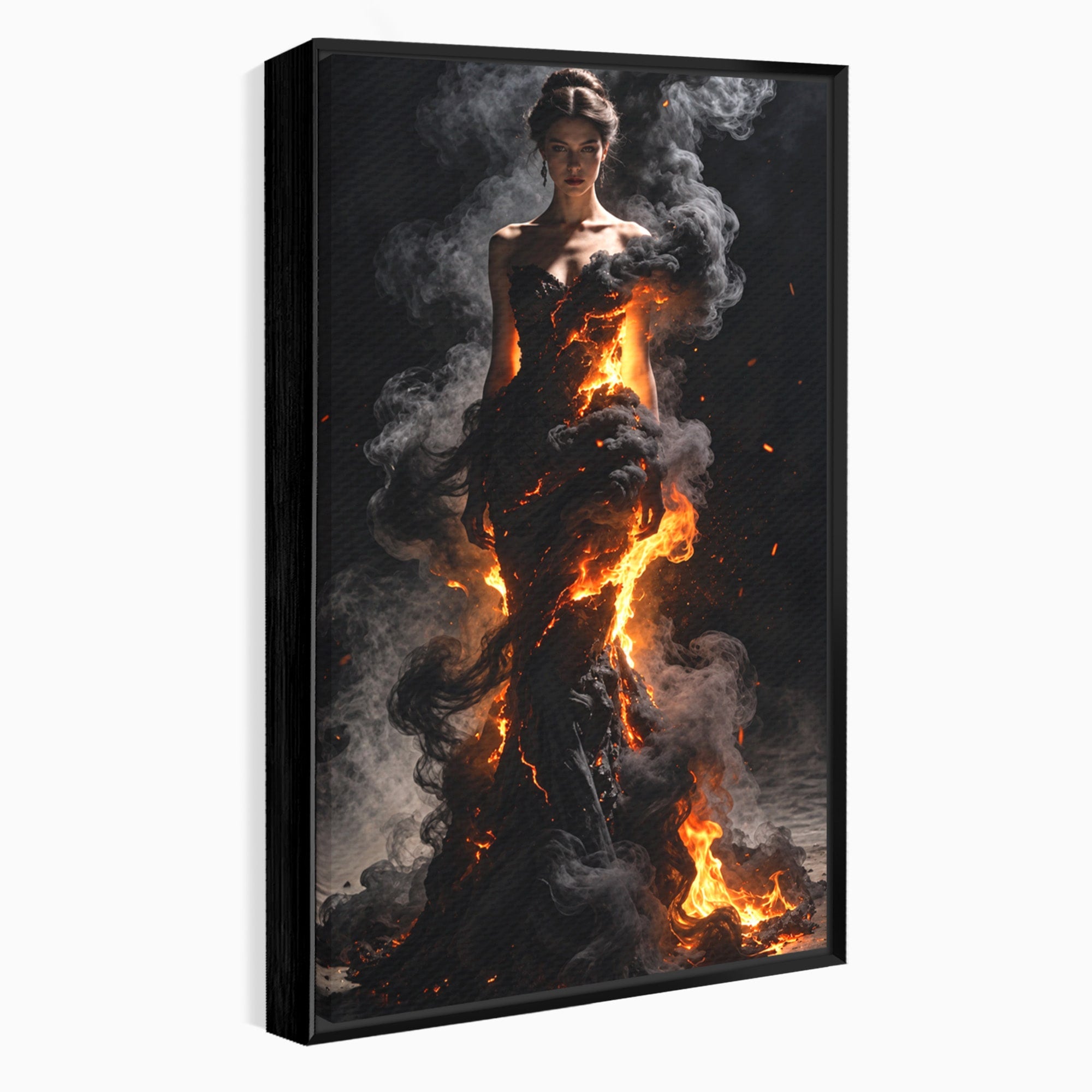 Tablou Canvas Premium LuxCanva® U1134, Misterul Flacarilor, Femeie, Foc, Mister, Dramatic, Living, Culori Vibrante