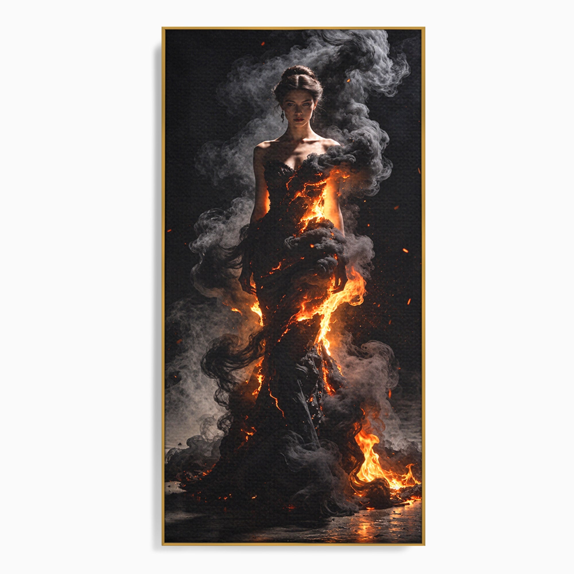 Tablou Canvas Premium LuxCanva® U1134, Misterul Flacarilor, Femeie, Foc, Mister, Dramatic, Living, Culori Vibrante
