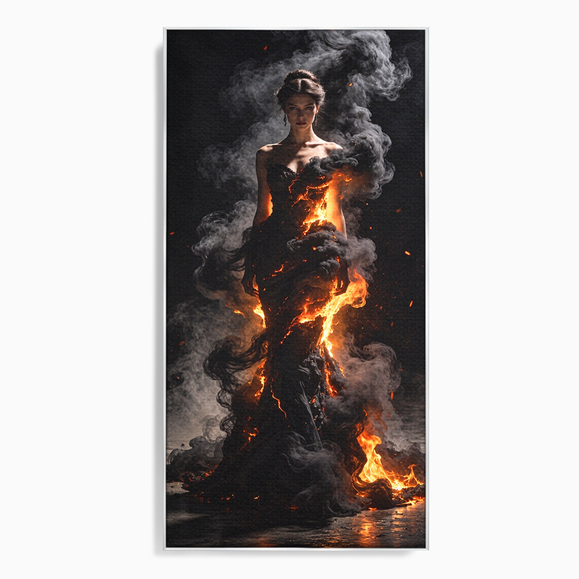 Tablou Canvas Premium LuxCanva® U1134, Misterul Flacarilor, Femeie, Foc, Mister, Dramatic, Living, Culori Vibrante