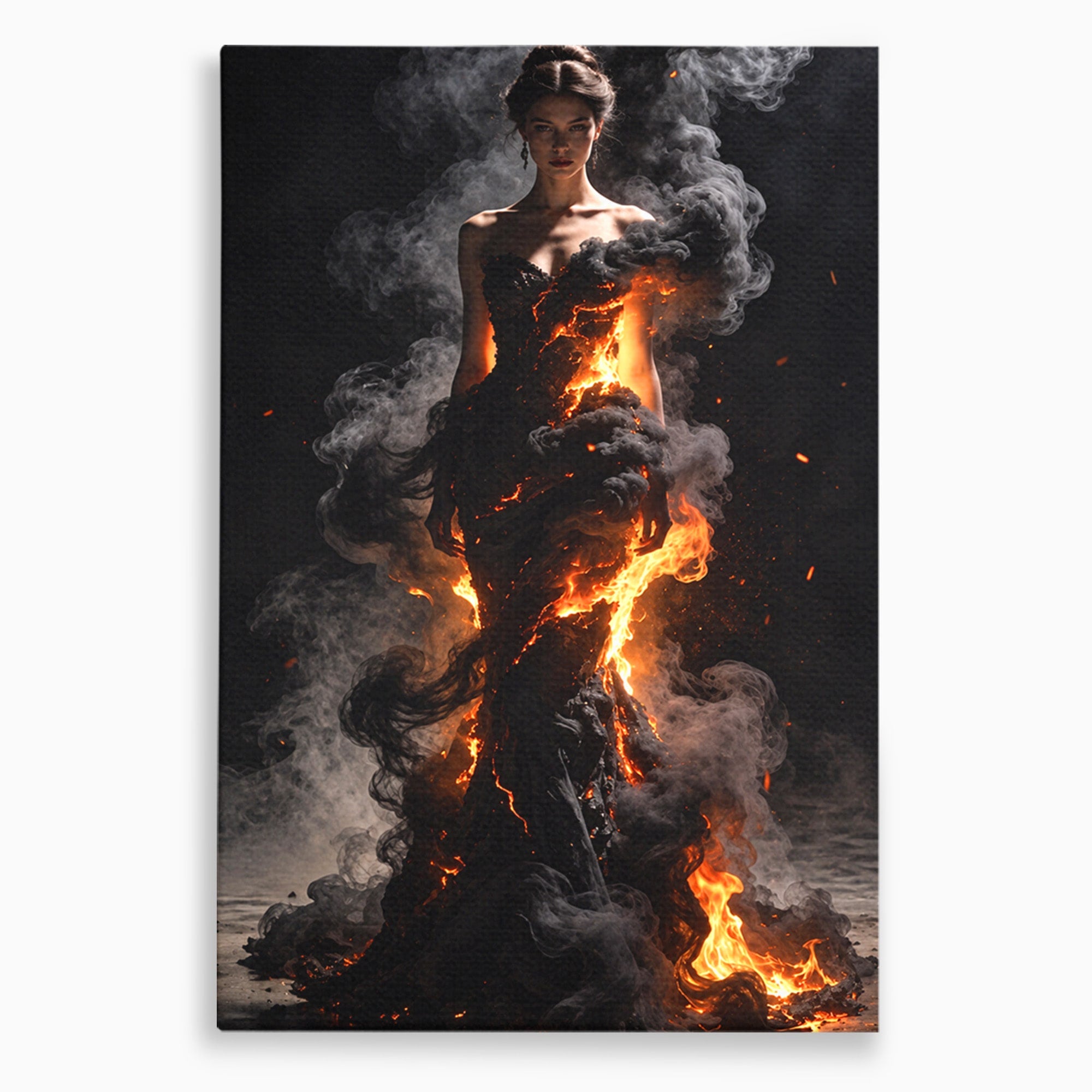 Tablou Canvas Premium LuxCanva® U1134, Misterul Flacarilor, Femeie, Foc, Mister, Dramatic, Living, Culori Vibrante