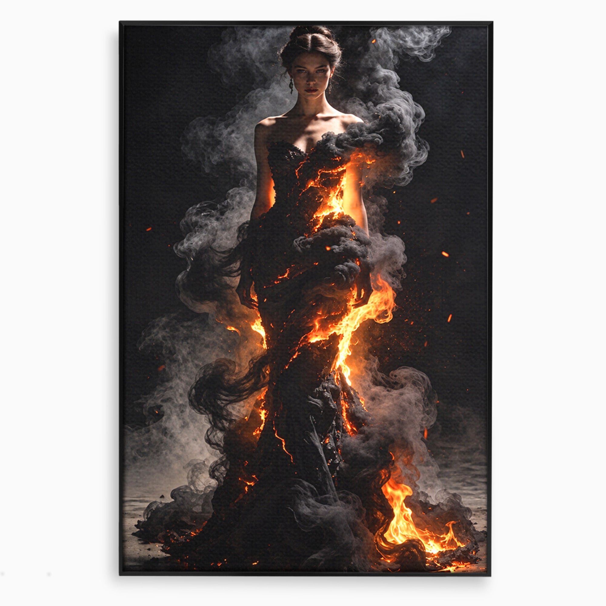 Tablou Canvas Premium LuxCanva® U1134, Misterul Flacarilor, Femeie, Foc, Mister, Dramatic, Living, Culori Vibrante