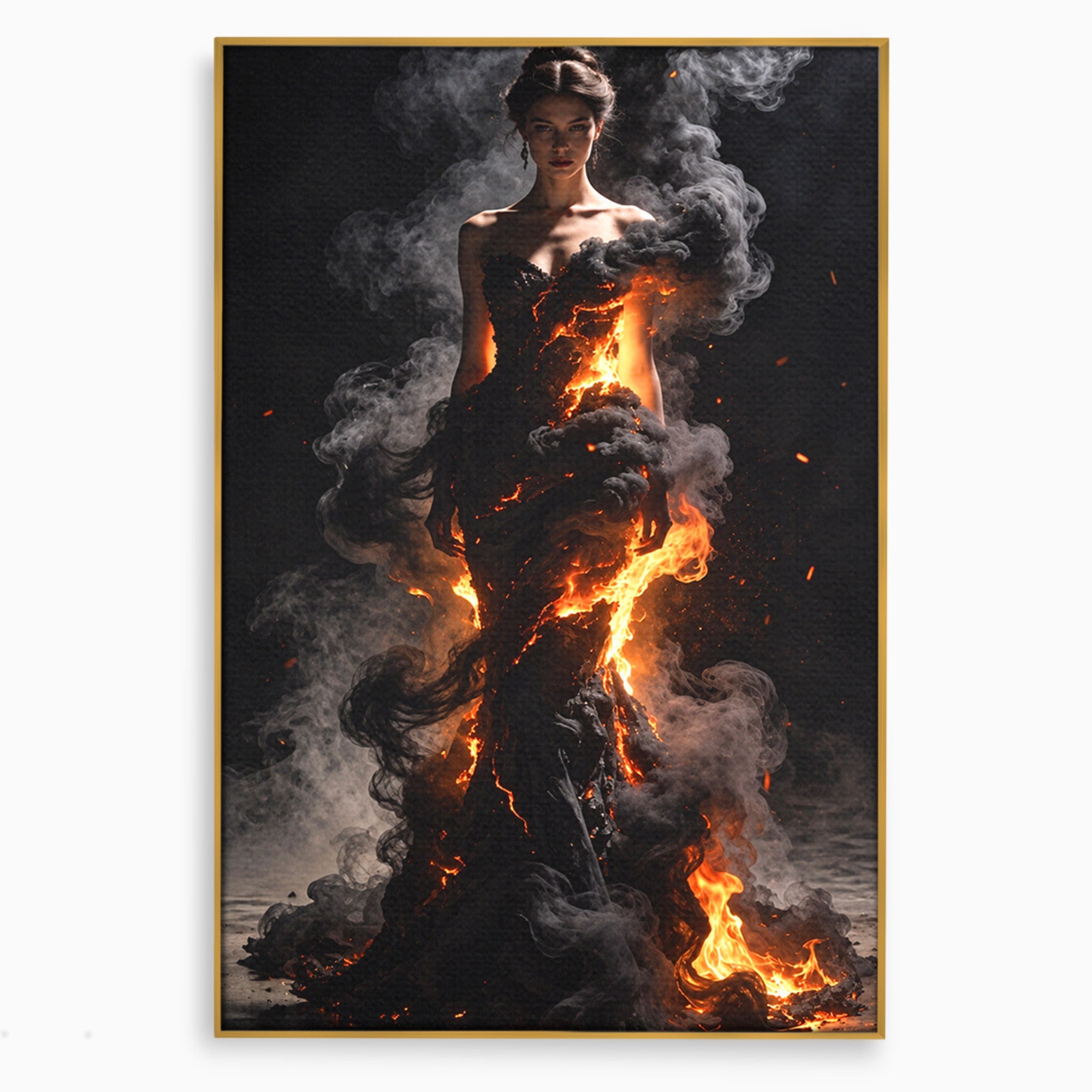 Tablou Canvas Premium LuxCanva® U1134, Misterul Flacarilor, Femeie, Foc, Mister, Dramatic, Living, Culori Vibrante