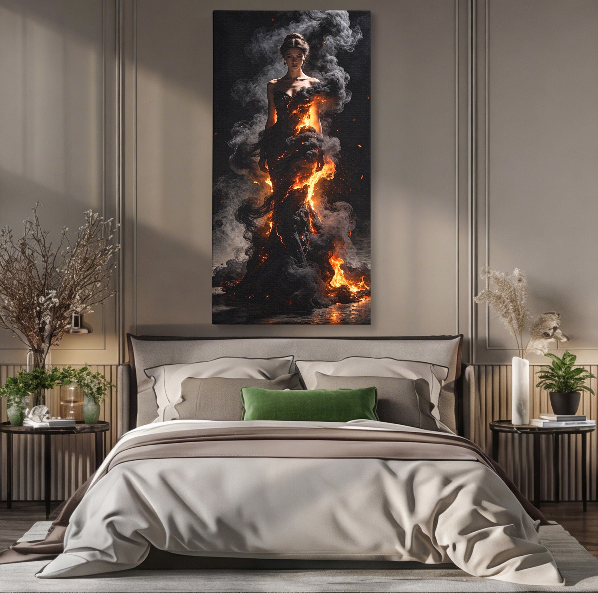 Tablou Canvas Premium LuxCanva® U1134, Misterul Flacarilor, Femeie, Foc, Mister, Dramatic, Living, Culori Vibrante