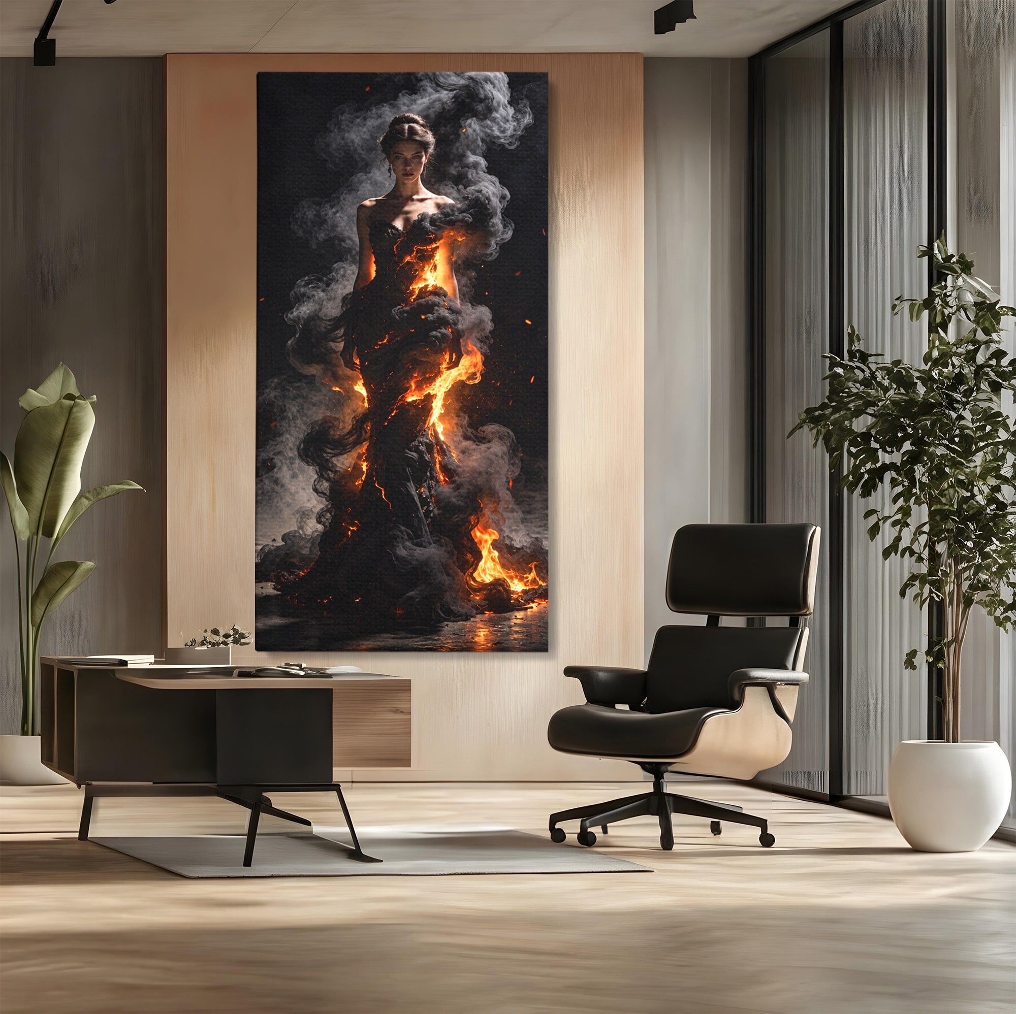 Tablou Canvas Premium LuxCanva® U1134, Misterul Flacarilor, Femeie, Foc, Mister, Dramatic, Living, Culori Vibrante