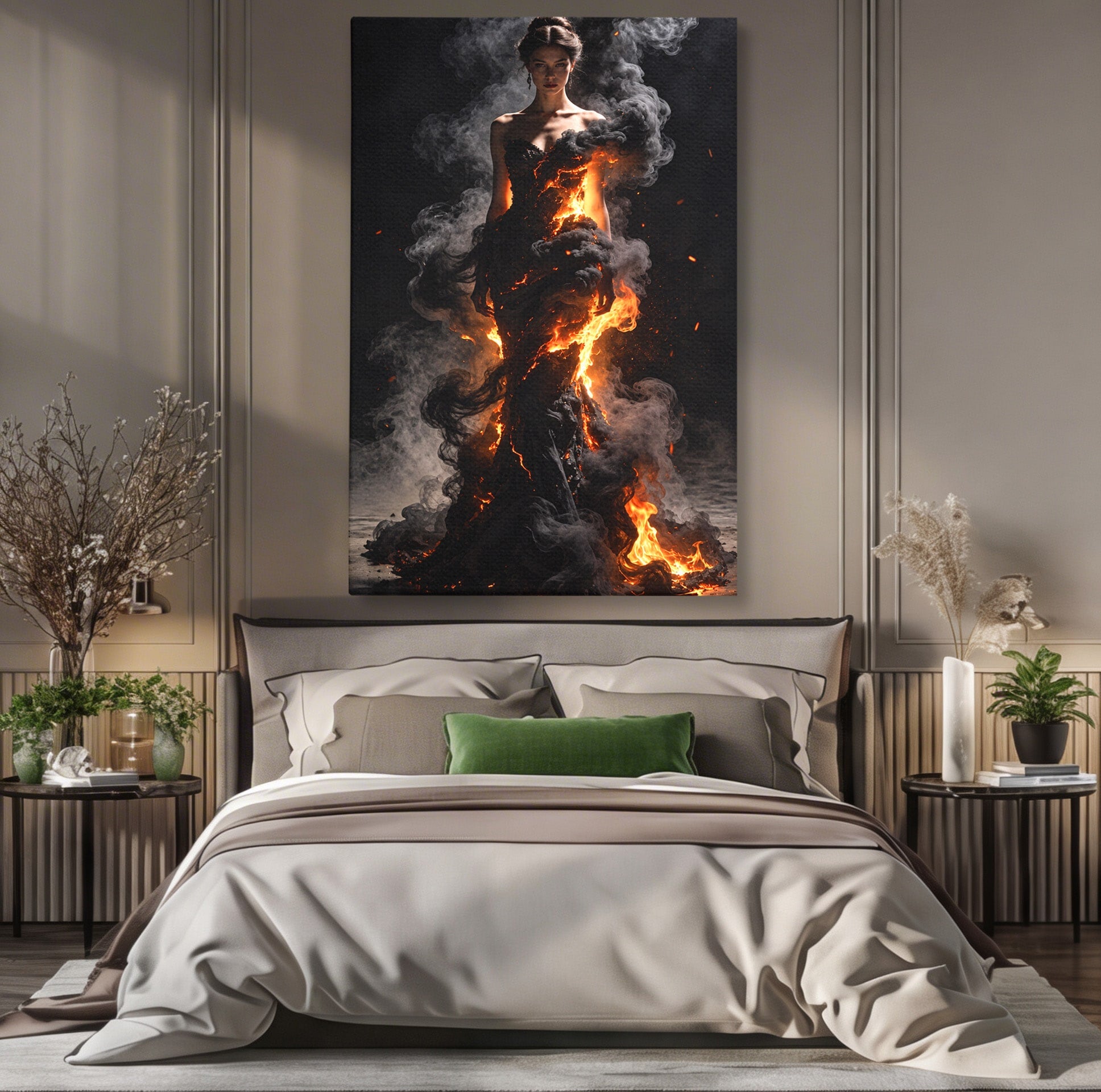 Tablou Canvas Premium LuxCanva® U1134, Misterul Flacarilor, Femeie, Foc, Mister, Dramatic, Living, Culori Vibrante