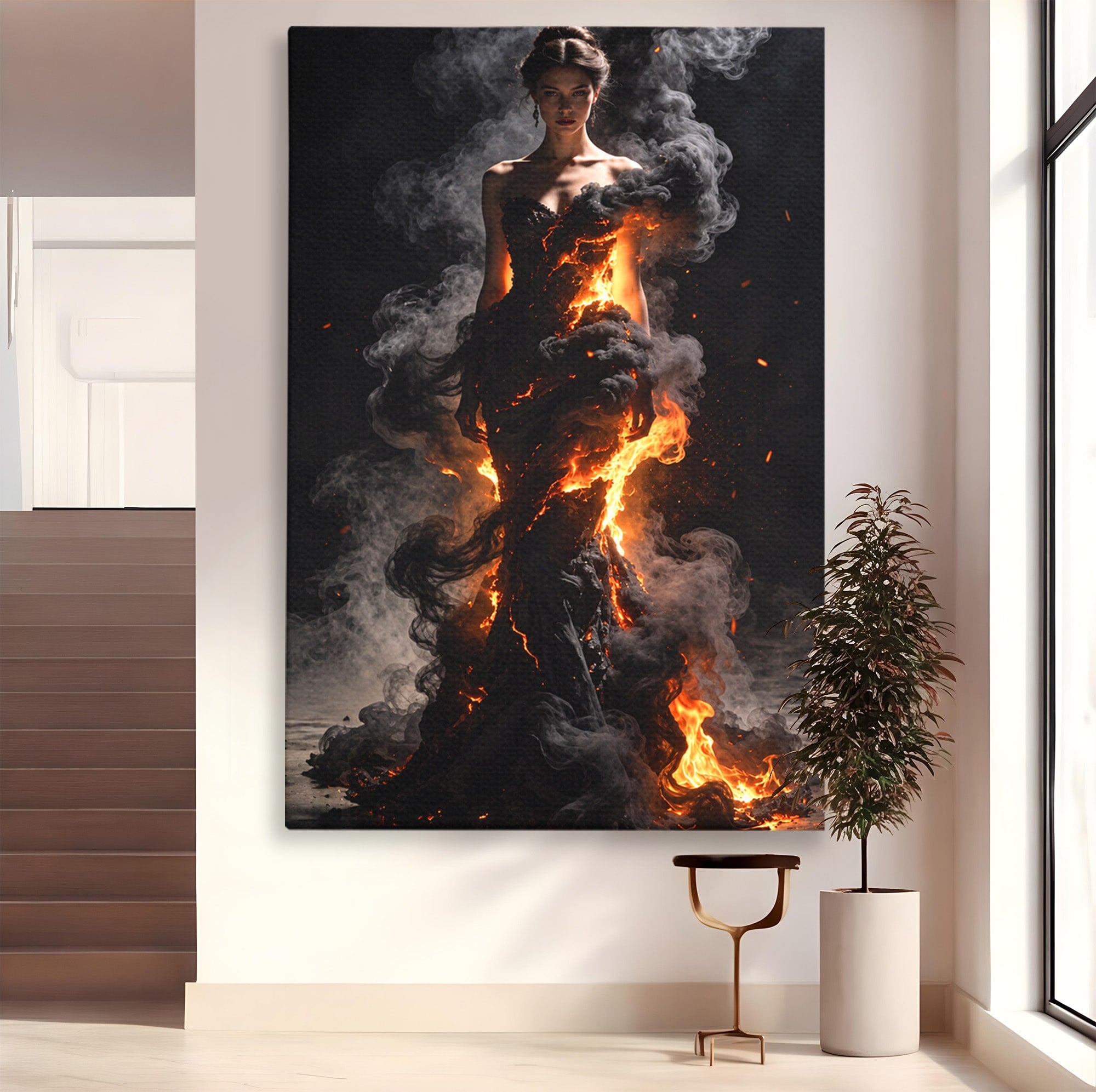 Tablou Canvas Premium LuxCanva® U1134, Misterul Flacarilor, Femeie, Foc, Mister, Dramatic, Living, Culori Vibrante
