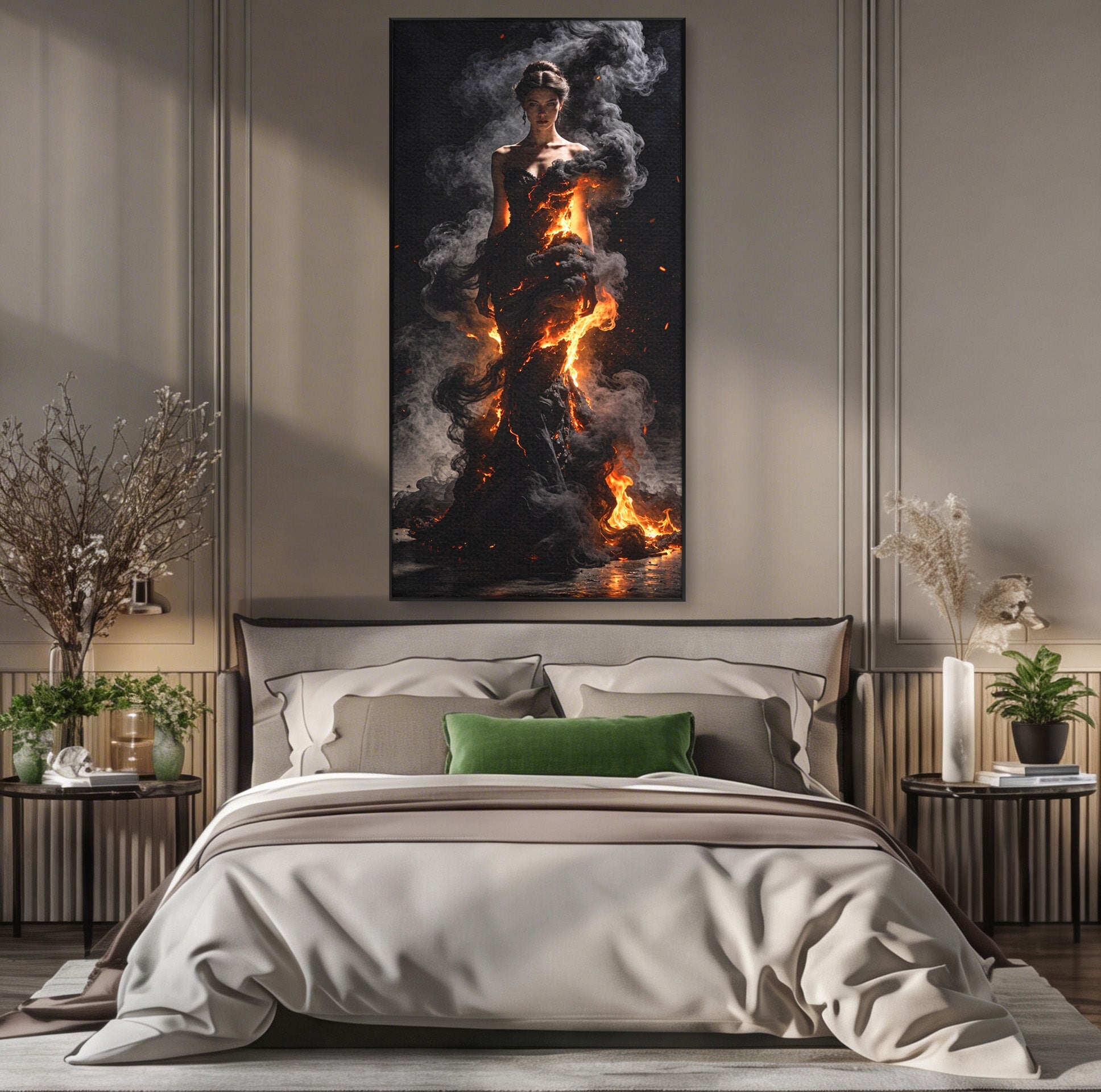 Tablou Canvas Premium LuxCanva® U1134, Misterul Flacarilor, Femeie, Foc, Mister, Dramatic, Living, Culori Vibrante