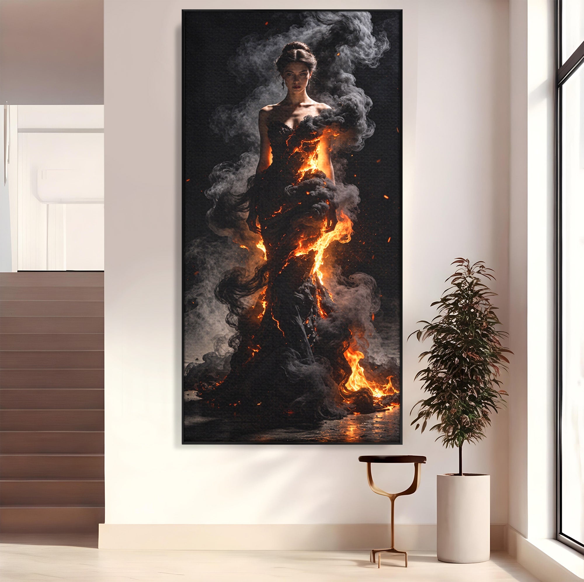Tablou Canvas Premium LuxCanva® U1134, Misterul Flacarilor, Femeie, Foc, Mister, Dramatic, Living, Culori Vibrante