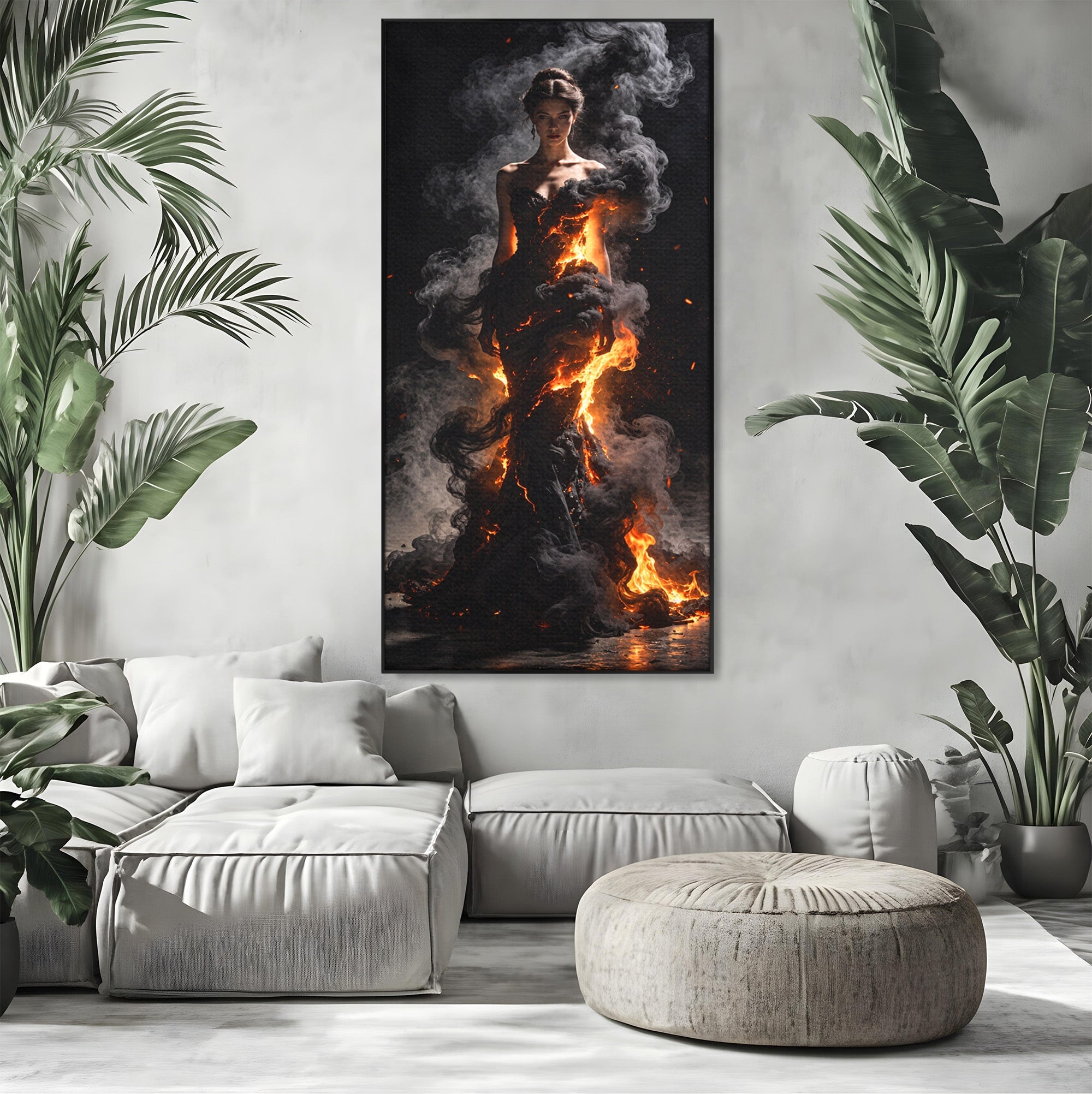 Tablou Canvas Premium LuxCanva® U1134, Misterul Flacarilor, Femeie, Foc, Mister, Dramatic, Living, Culori Vibrante