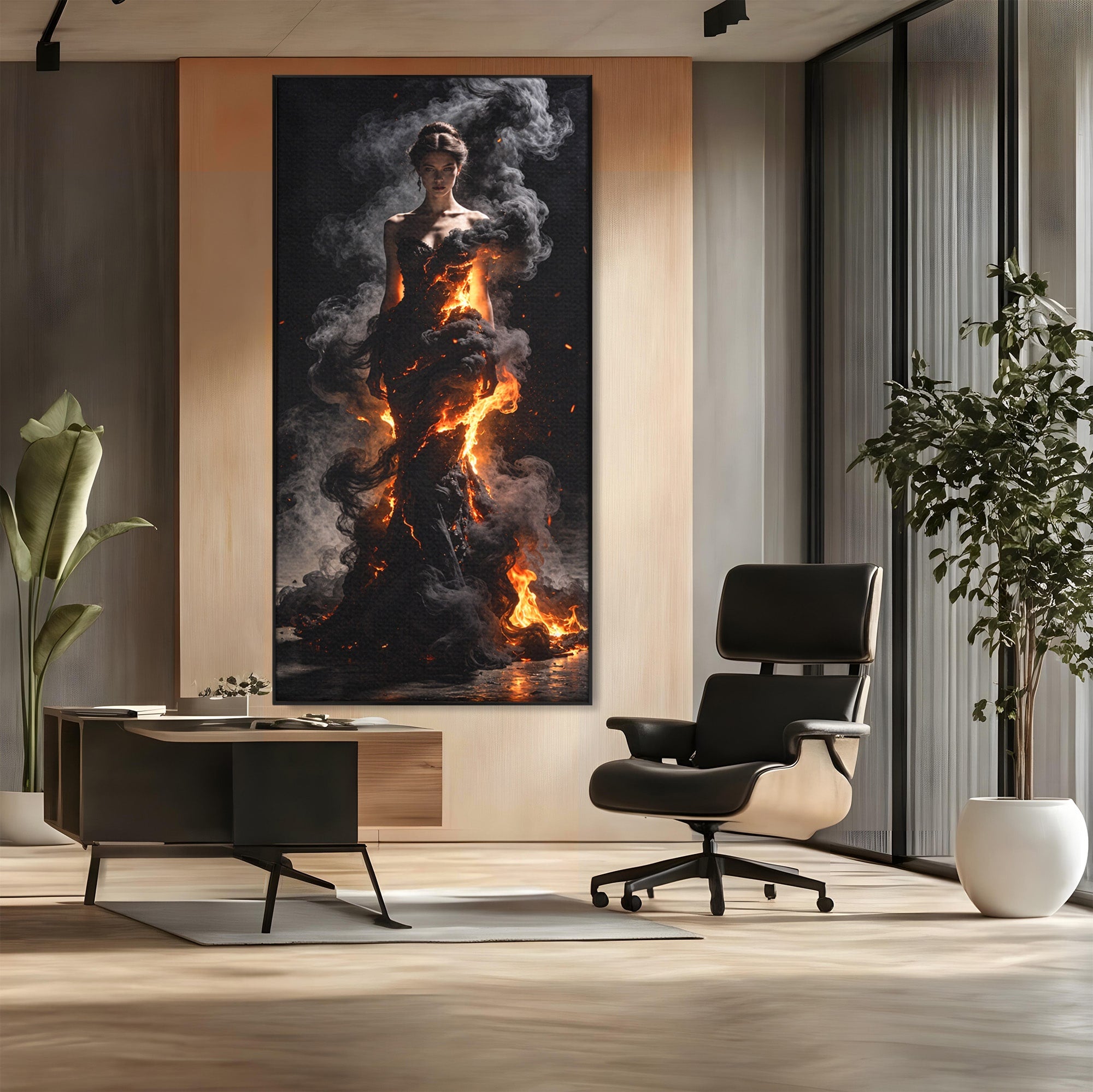 Tablou Canvas Premium LuxCanva® U1134, Misterul Flacarilor, Femeie, Foc, Mister, Dramatic, Living, Culori Vibrante