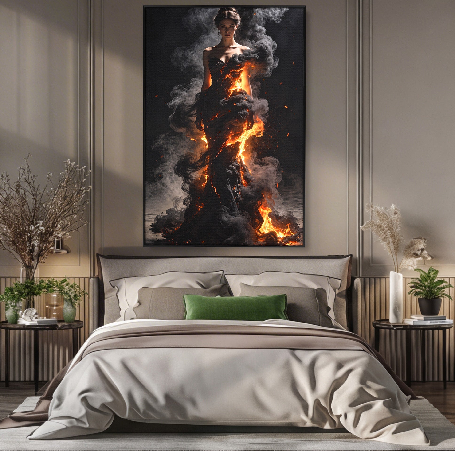 Tablou Canvas Premium LuxCanva® U1134, Misterul Flacarilor, Femeie, Foc, Mister, Dramatic, Living, Culori Vibrante
