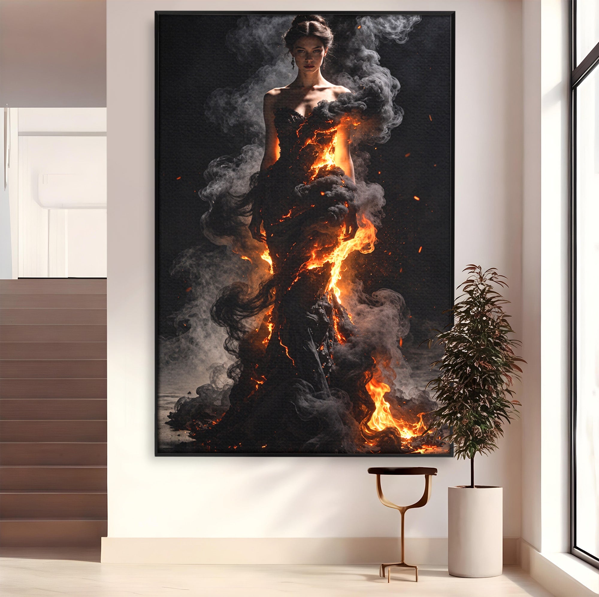 Tablou Canvas Premium LuxCanva® U1134, Misterul Flacarilor, Femeie, Foc, Mister, Dramatic, Living, Culori Vibrante