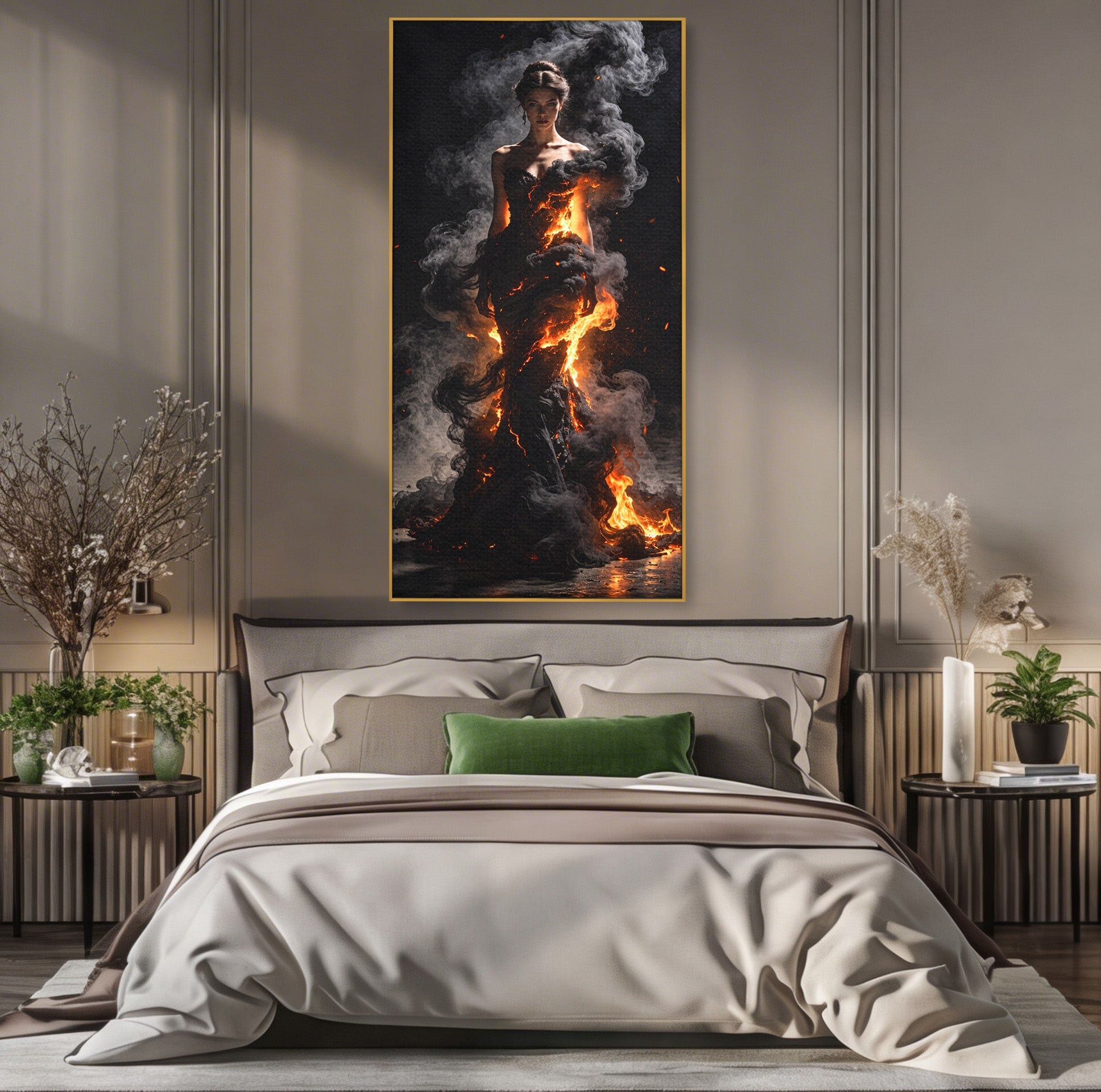 Tablou Canvas Premium LuxCanva® U1134, Misterul Flacarilor, Femeie, Foc, Mister, Dramatic, Living, Culori Vibrante