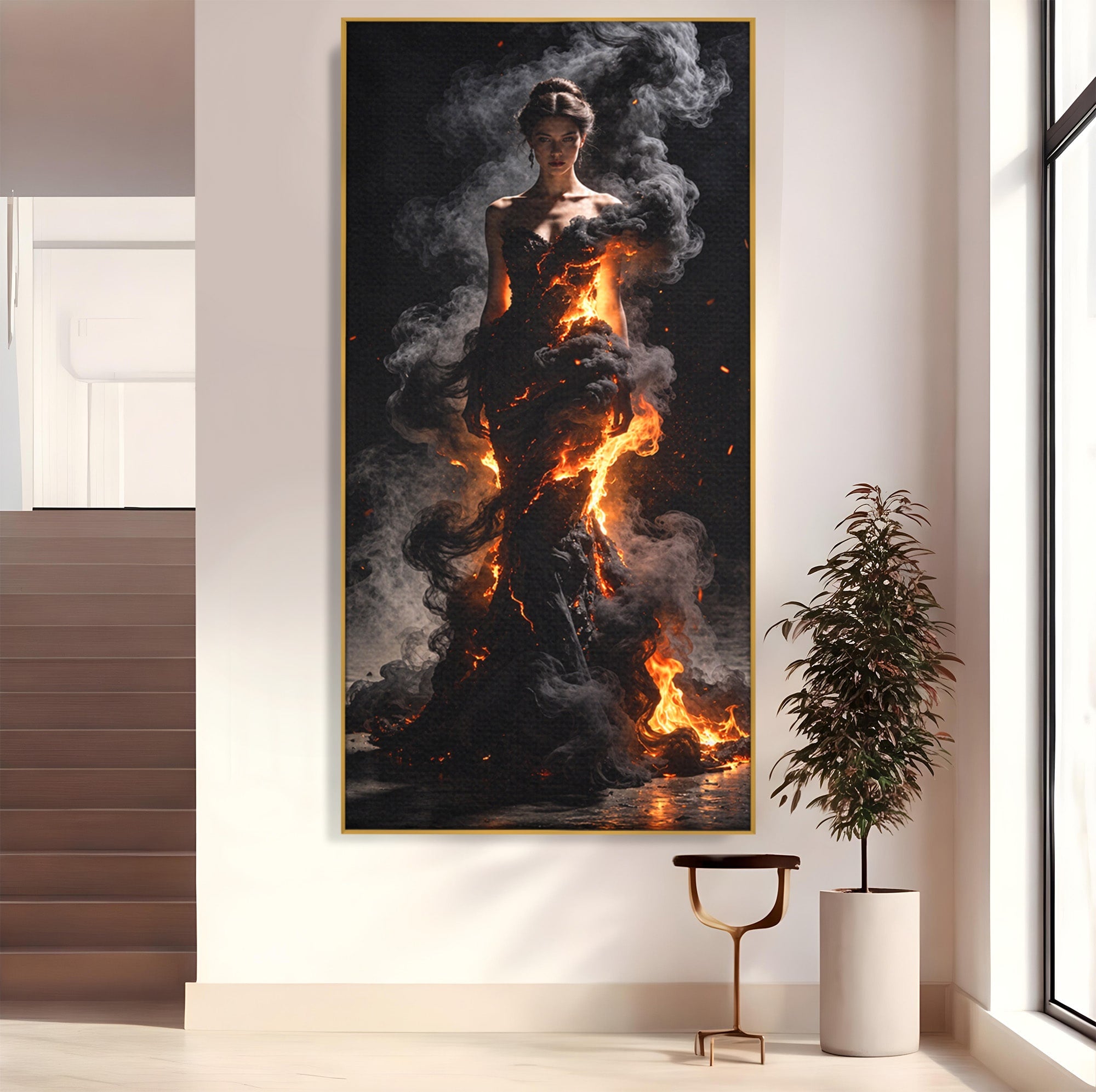 Tablou Canvas Premium LuxCanva® U1134, Misterul Flacarilor, Femeie, Foc, Mister, Dramatic, Living, Culori Vibrante