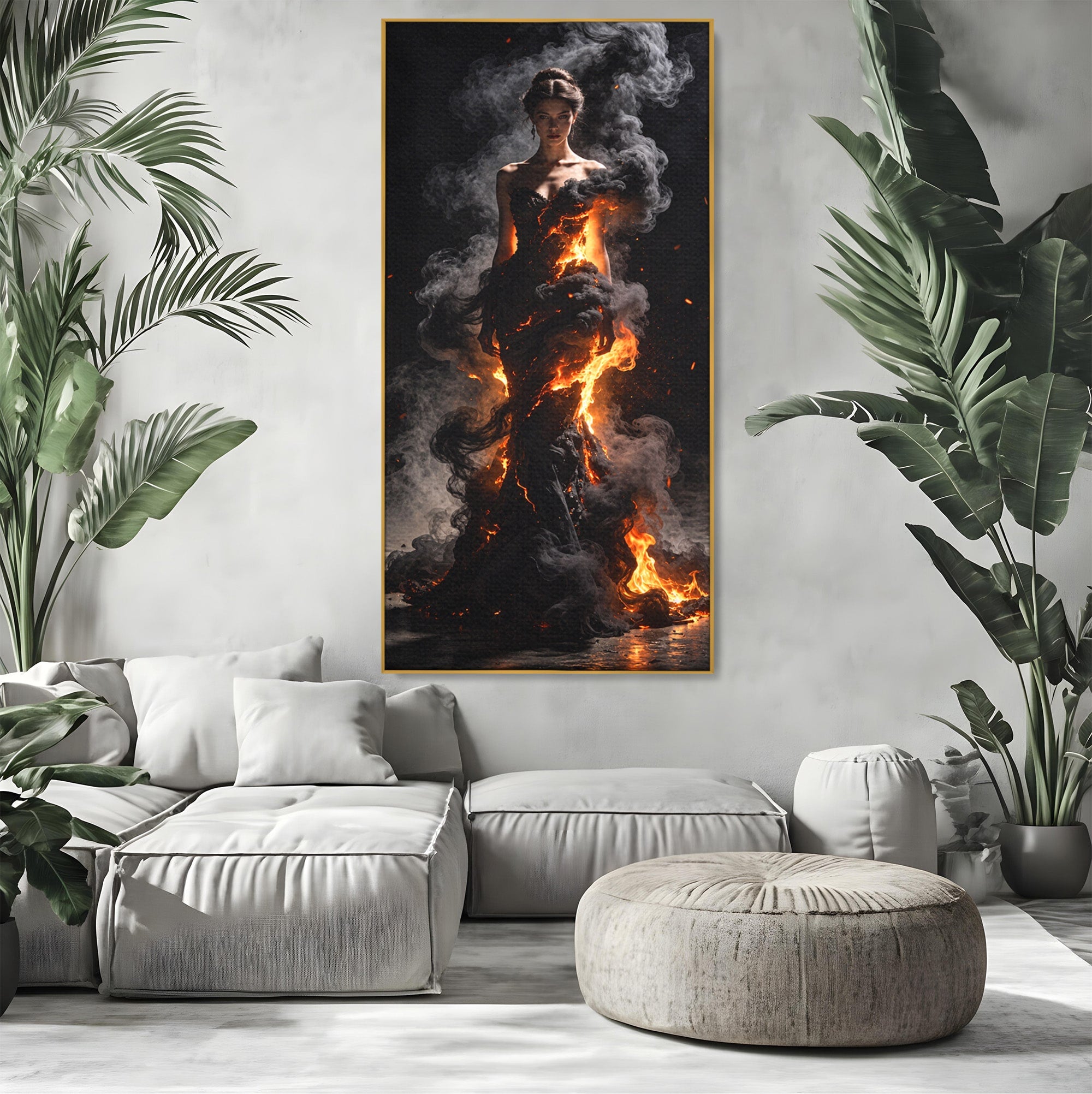 Tablou Canvas Premium LuxCanva® U1134, Misterul Flacarilor, Femeie, Foc, Mister, Dramatic, Living, Culori Vibrante