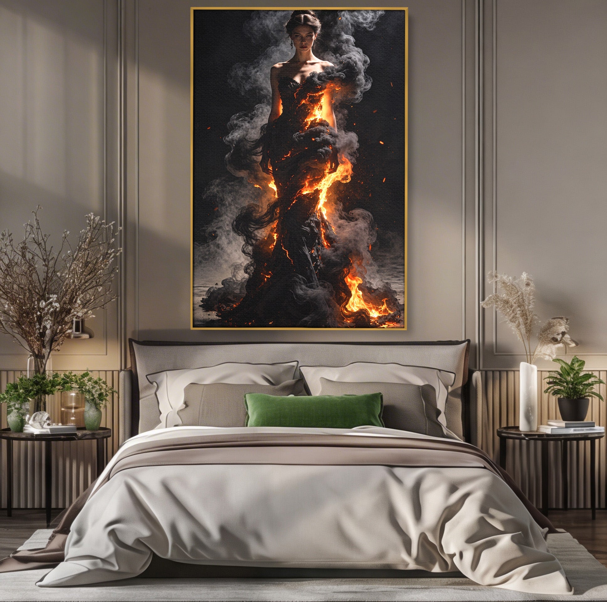 Tablou Canvas Premium LuxCanva® U1134, Misterul Flacarilor, Femeie, Foc, Mister, Dramatic, Living, Culori Vibrante