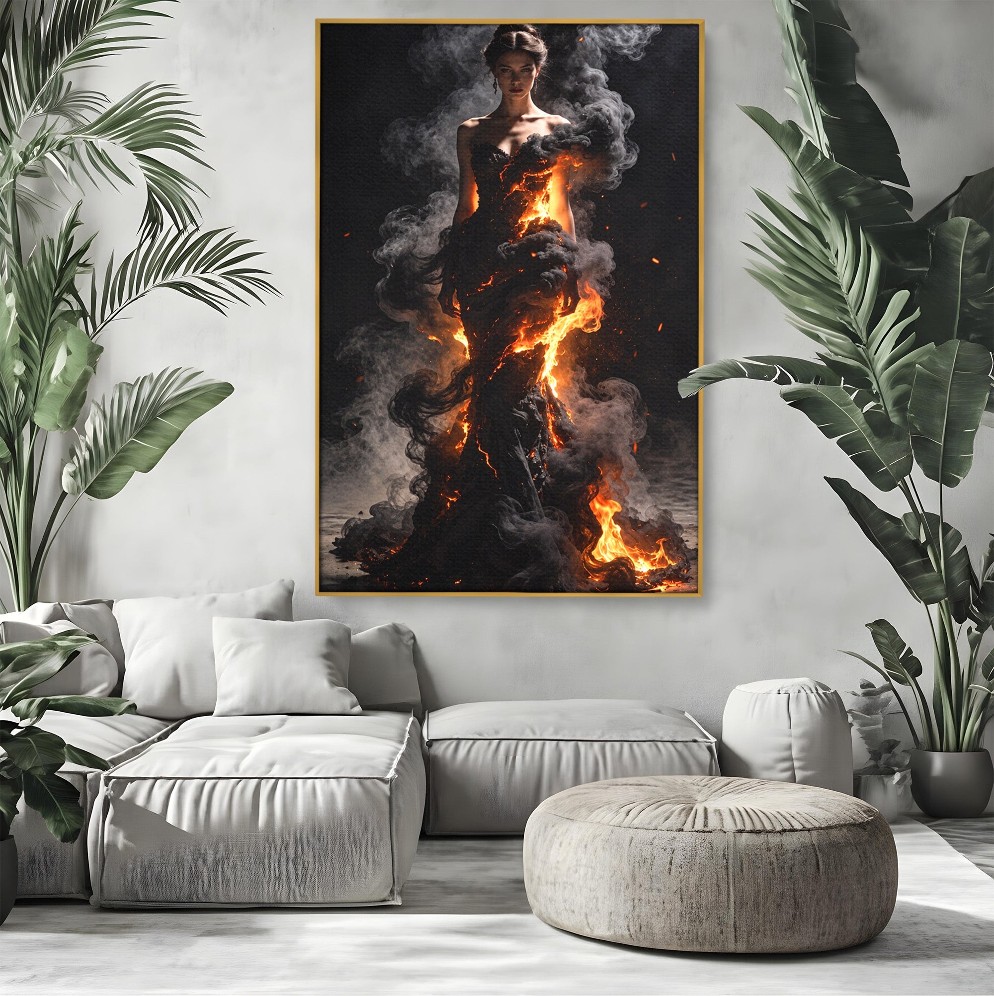 Tablou Canvas Premium LuxCanva® U1134, Misterul Flacarilor, Femeie, Foc, Mister, Dramatic, Living, Culori Vibrante