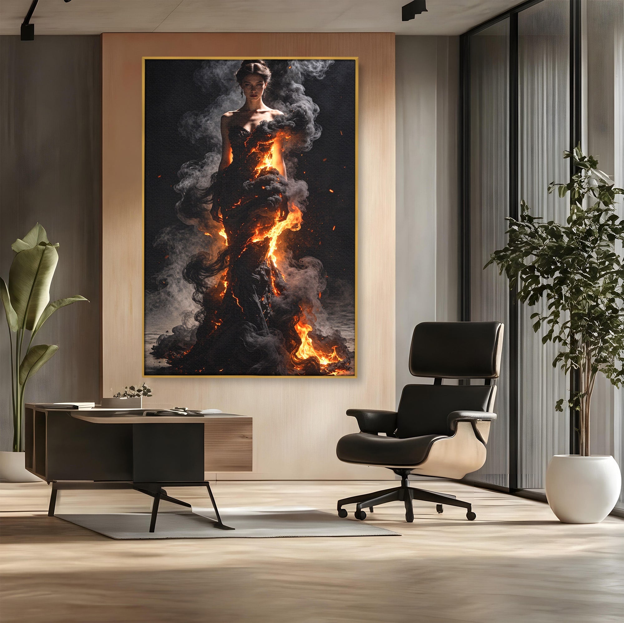 Tablou Canvas Premium LuxCanva® U1134, Misterul Flacarilor, Femeie, Foc, Mister, Dramatic, Living, Culori Vibrante