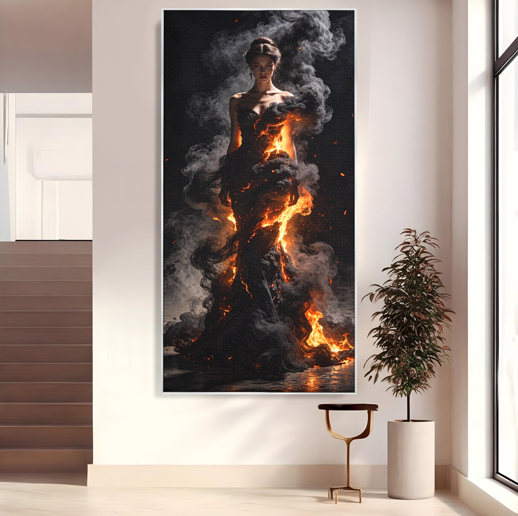 Tablou Canvas Premium LuxCanva® U1134, Misterul Flacarilor, Femeie, Foc, Mister, Dramatic, Living, Culori Vibrante