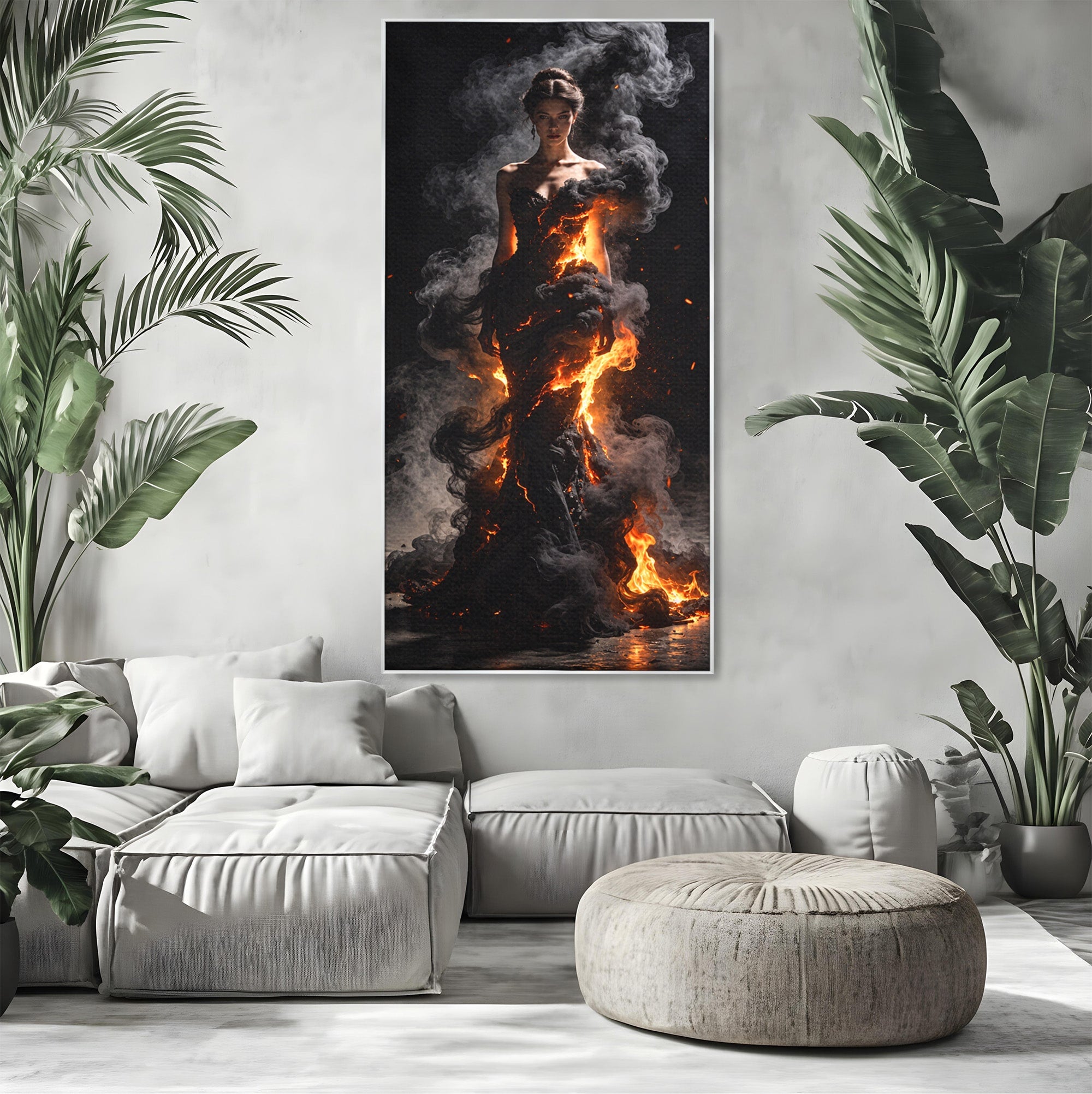 Tablou Canvas Premium LuxCanva® U1134, Misterul Flacarilor, Femeie, Foc, Mister, Dramatic, Living, Culori Vibrante