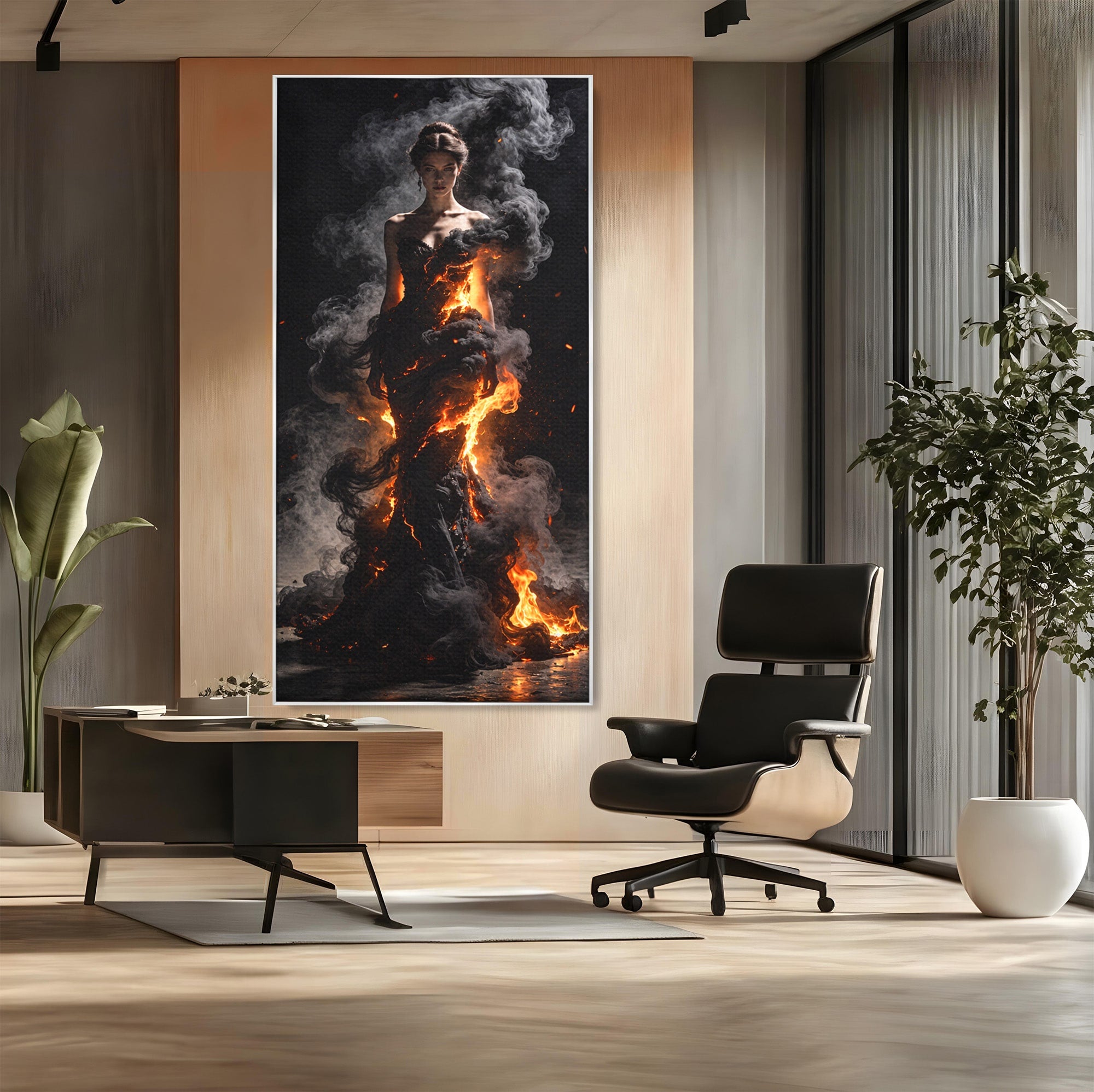 Tablou Canvas Premium LuxCanva® U1134, Misterul Flacarilor, Femeie, Foc, Mister, Dramatic, Living, Culori Vibrante