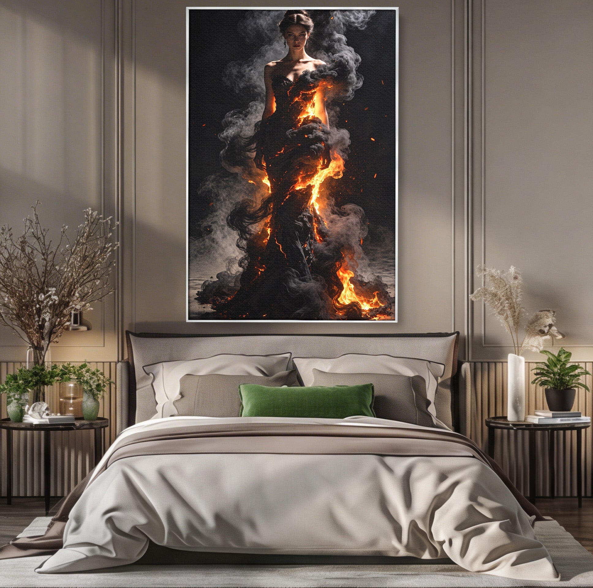 Tablou Canvas Premium LuxCanva® U1134, Misterul Flacarilor, Femeie, Foc, Mister, Dramatic, Living, Culori Vibrante