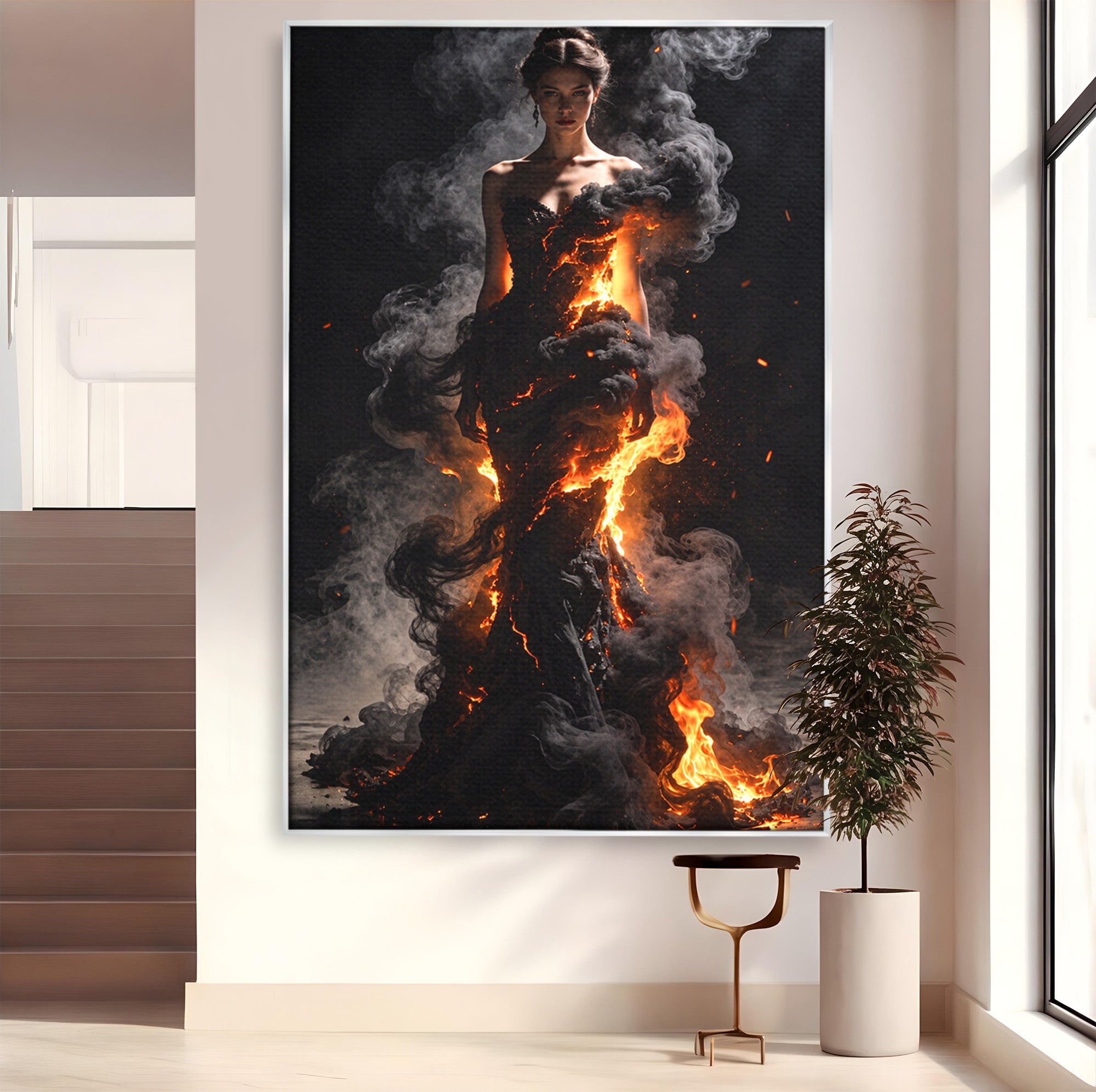 Tablou Canvas Premium LuxCanva® U1134, Misterul Flacarilor, Femeie, Foc, Mister, Dramatic, Living, Culori Vibrante