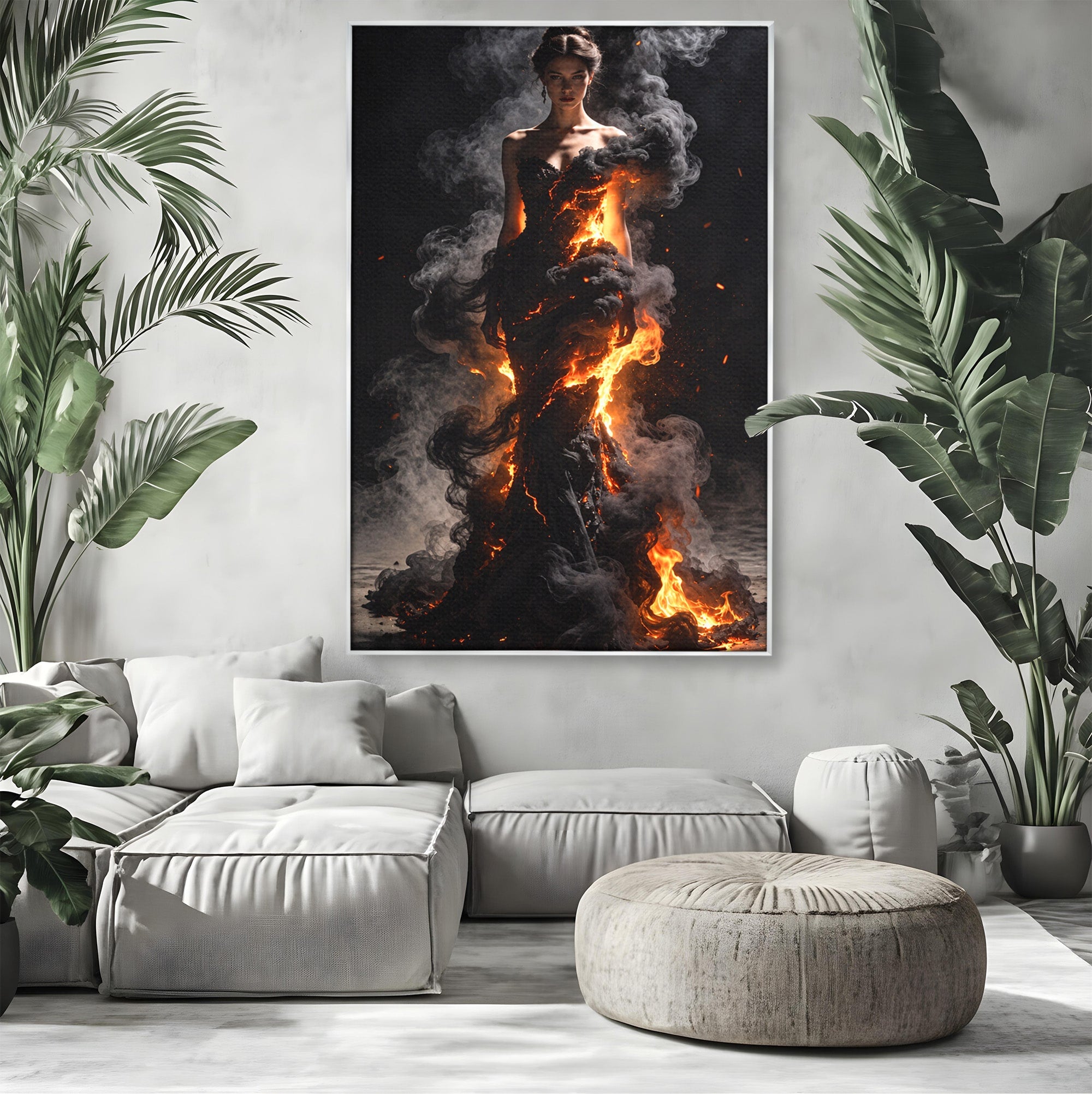 Tablou Canvas Premium LuxCanva® U1134, Misterul Flacarilor, Femeie, Foc, Mister, Dramatic, Living, Culori Vibrante