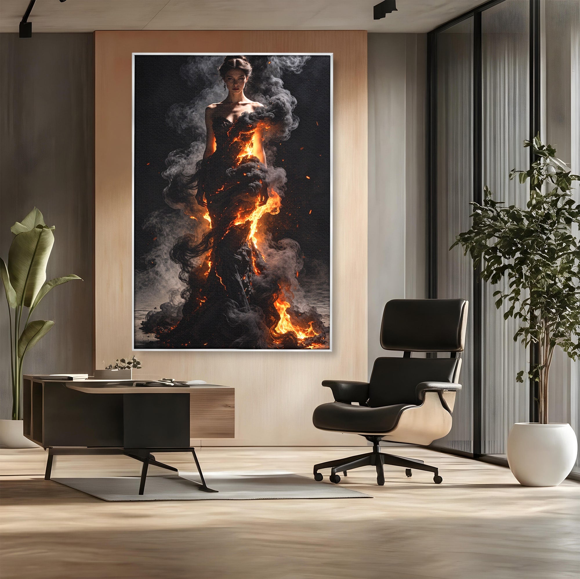 Tablou Canvas Premium LuxCanva® U1134, Misterul Flacarilor, Femeie, Foc, Mister, Dramatic, Living, Culori Vibrante