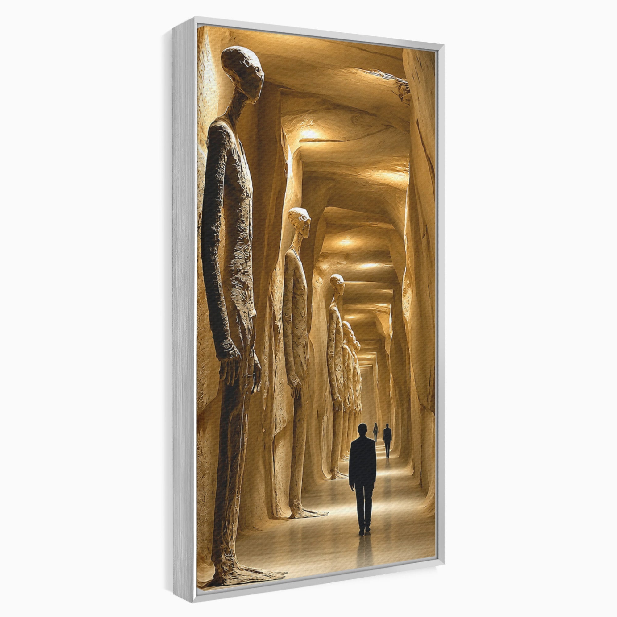 Tablou Canvas Premium LuxCanva® U1135, Coridorul Figurilor Enigmatice, Surrealism, Mister, Galerie, Figuri, Coridor, Living, Birou, Culori Vibrante