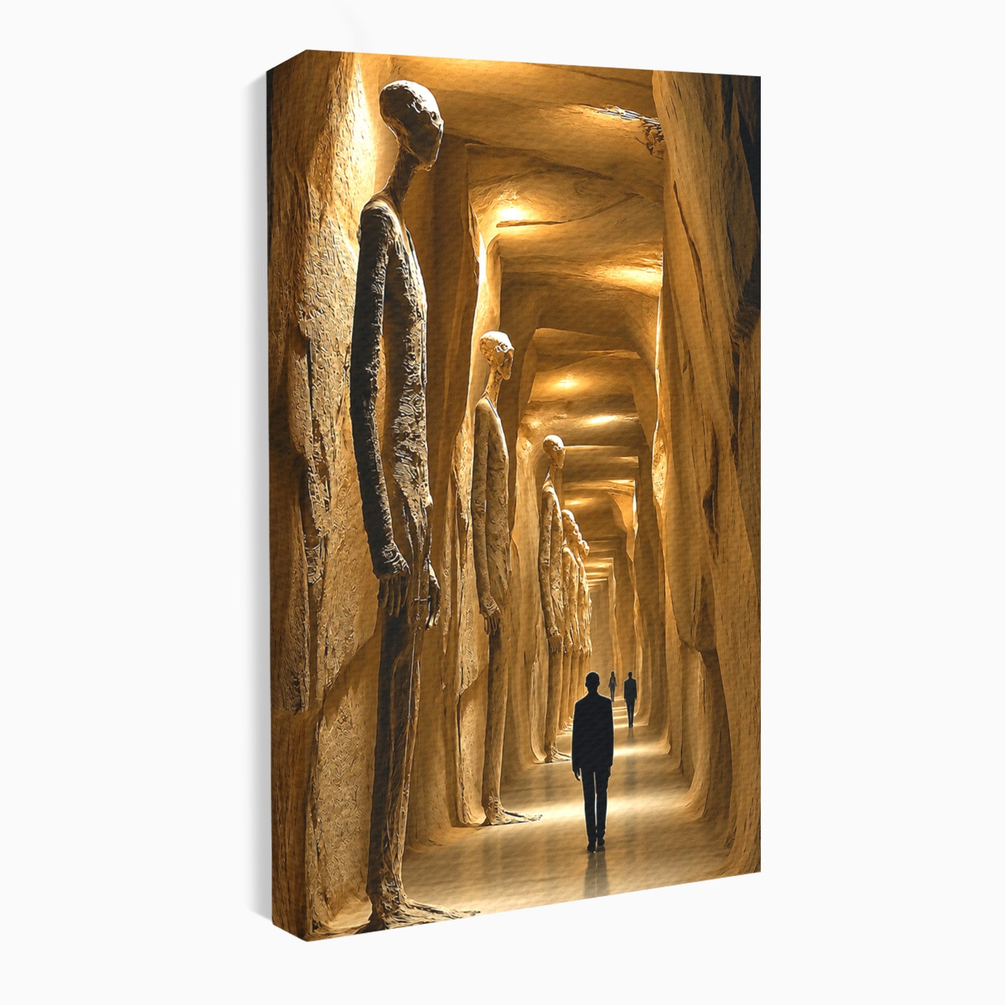 Tablou Canvas Premium LuxCanva® U1135, Coridorul Figurilor Enigmatice, Surrealism, Mister, Galerie, Figuri, Coridor, Living, Birou, Culori Vibrante
