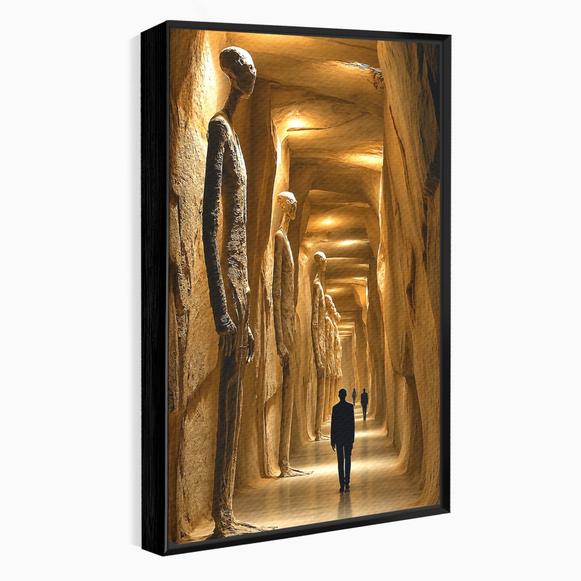Tablou Canvas Premium LuxCanva® U1135, Coridorul Figurilor Enigmatice, Surrealism, Mister, Galerie, Figuri, Coridor, Living, Birou, Culori Vibrante
