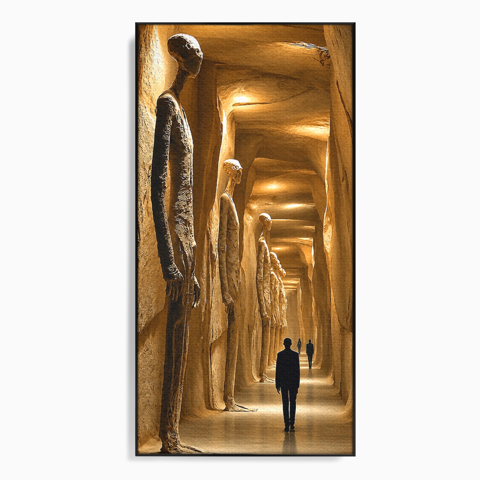 Tablou Canvas Premium LuxCanva® U1135, Coridorul Figurilor Enigmatice, Surrealism, Mister, Galerie, Figuri, Coridor, Living, Birou, Culori Vibrante