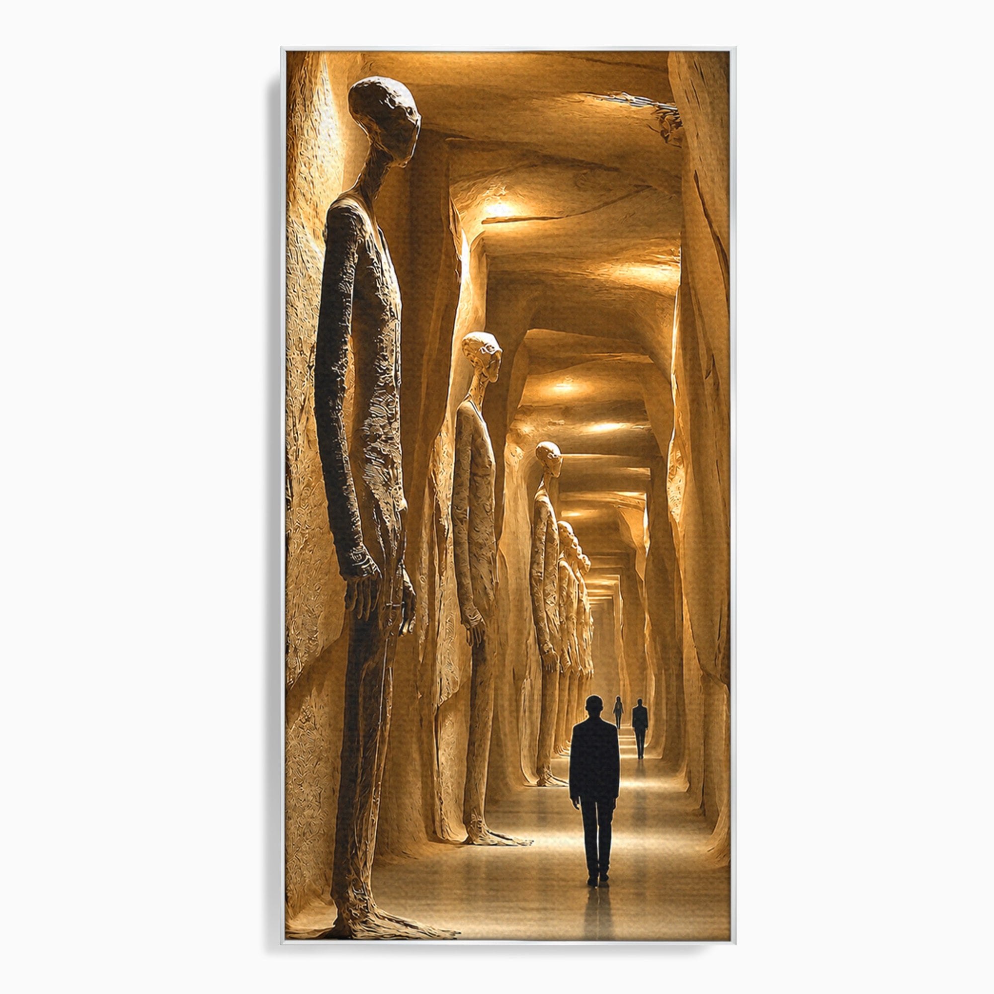 Tablou Canvas Premium LuxCanva® U1135, Coridorul Figurilor Enigmatice, Surrealism, Mister, Galerie, Figuri, Coridor, Living, Birou, Culori Vibrante