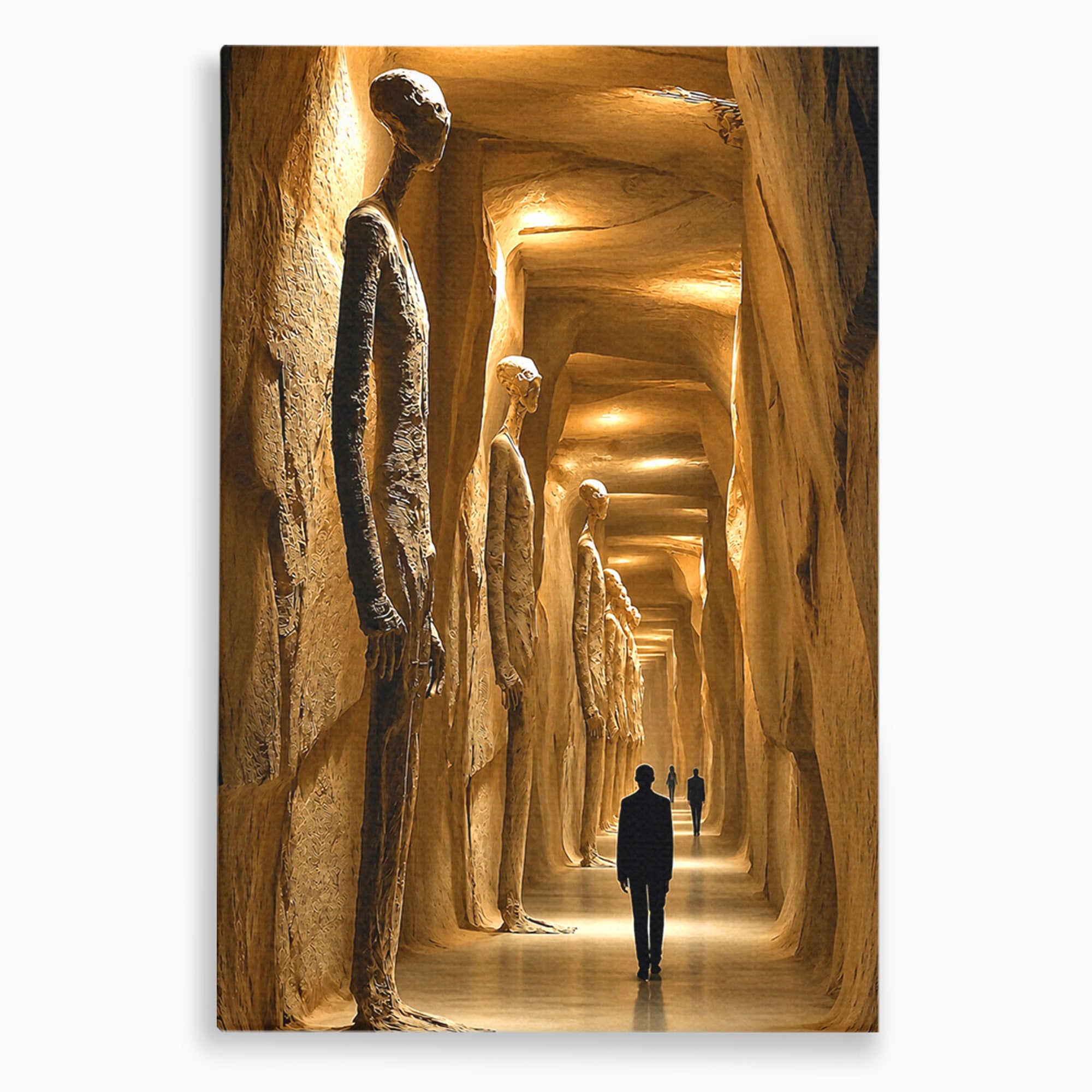 Tablou Canvas Premium LuxCanva® U1135, Coridorul Figurilor Enigmatice, Surrealism, Mister, Galerie, Figuri, Coridor, Living, Birou, Culori Vibrante