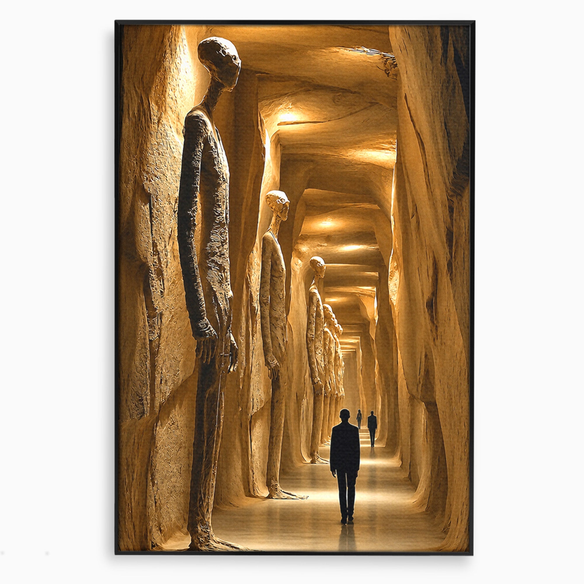 Tablou Canvas Premium LuxCanva® U1135, Coridorul Figurilor Enigmatice, Surrealism, Mister, Galerie, Figuri, Coridor, Living, Birou, Culori Vibrante