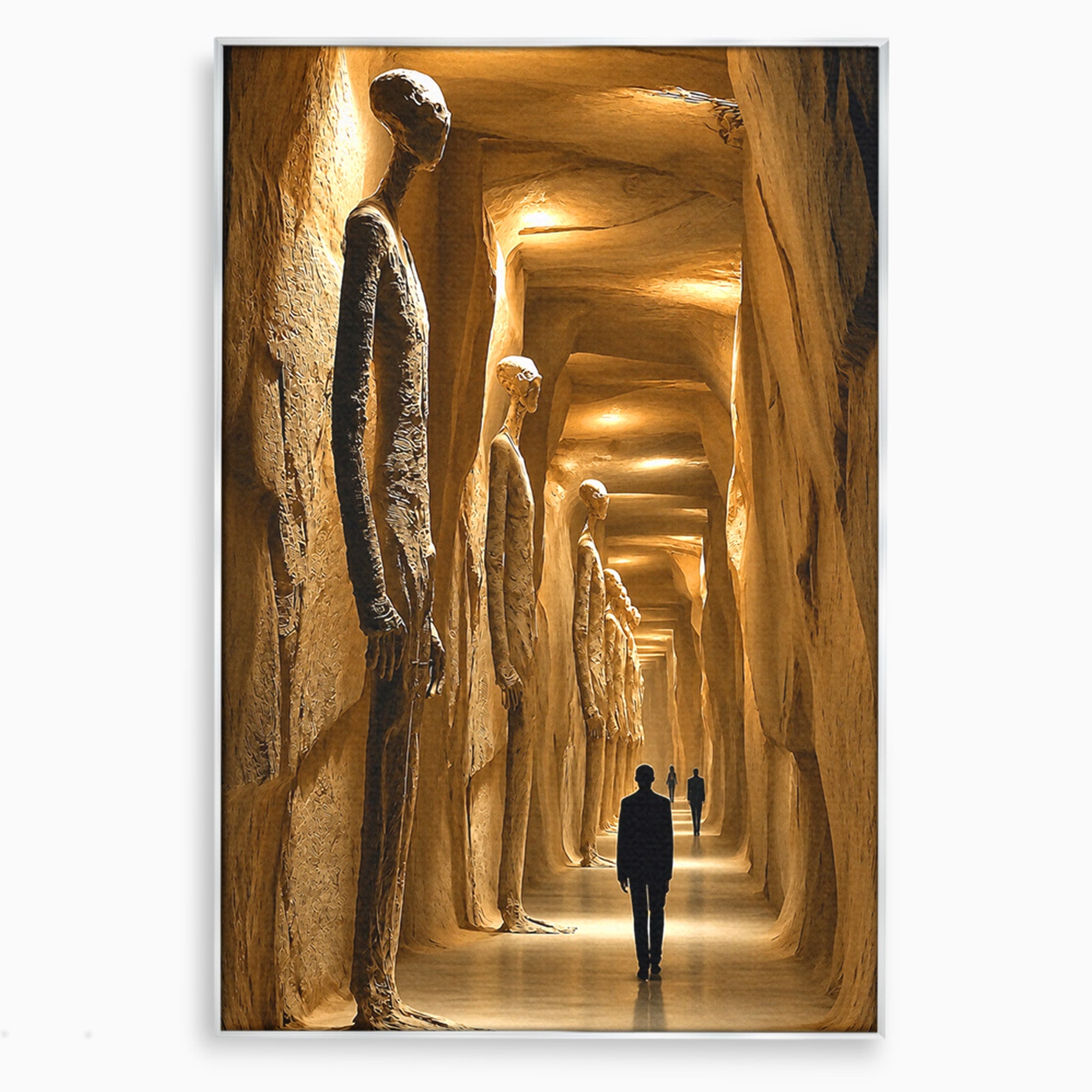 Tablou Canvas Premium LuxCanva® U1135, Coridorul Figurilor Enigmatice, Surrealism, Mister, Galerie, Figuri, Coridor, Living, Birou, Culori Vibrante