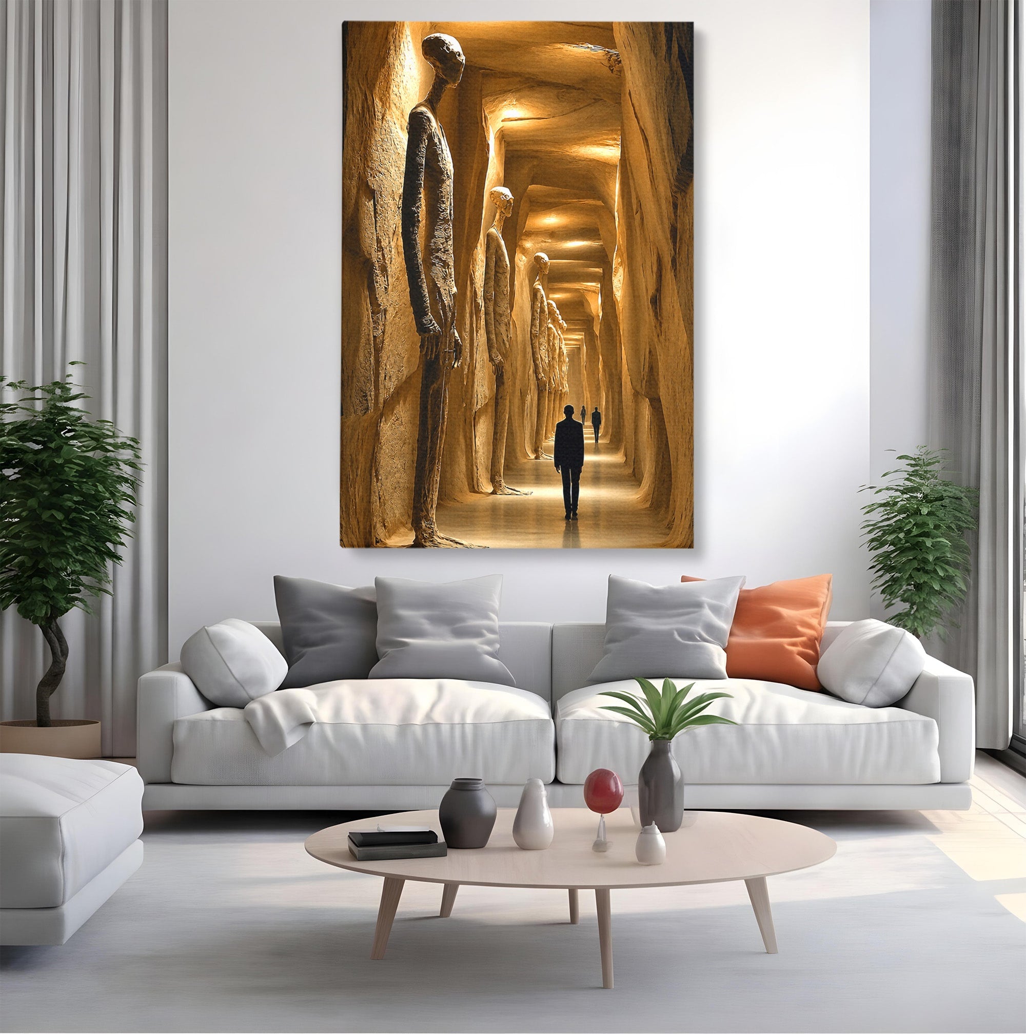 Tablou Canvas Premium LuxCanva® U1135, Coridorul Figurilor Enigmatice, Surrealism, Mister, Galerie, Figuri, Coridor, Living, Birou, Culori Vibrante