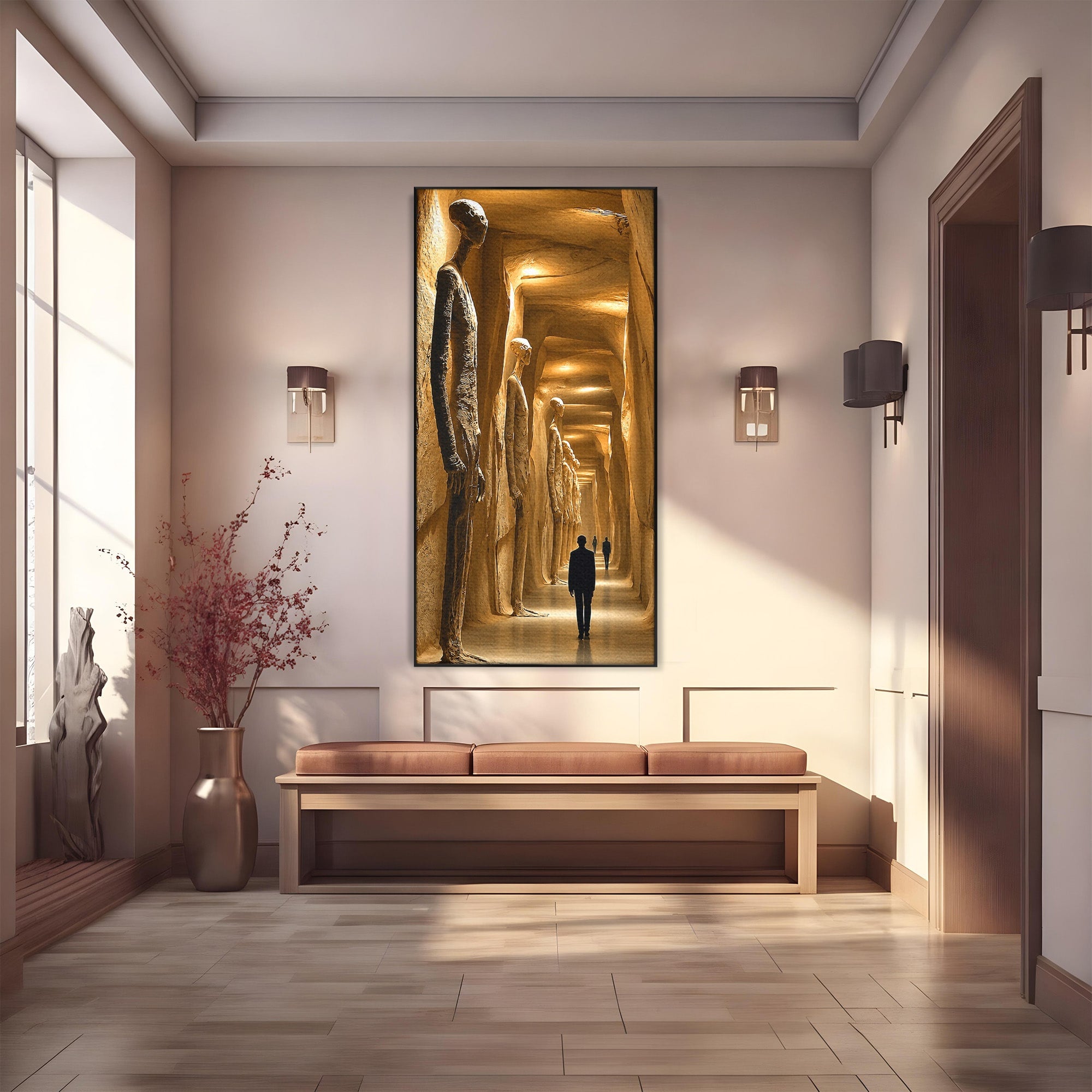 Tablou Canvas Premium LuxCanva® U1135, Coridorul Figurilor Enigmatice, Surrealism, Mister, Galerie, Figuri, Coridor, Living, Birou, Culori Vibrante