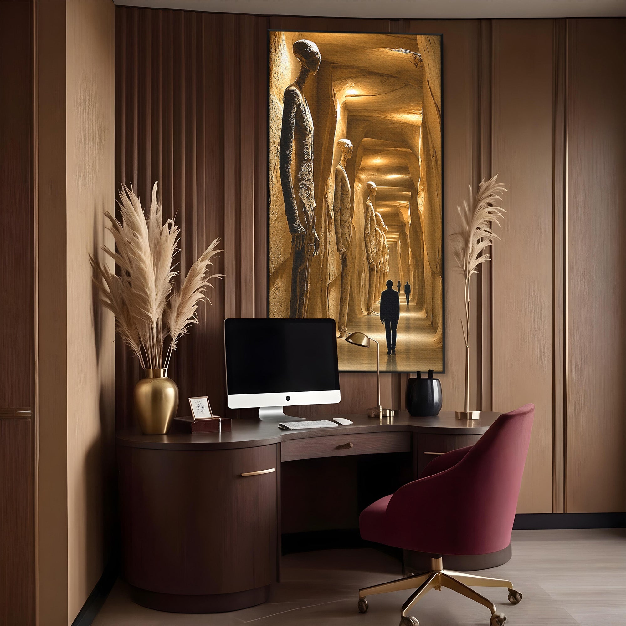 Tablou Canvas Premium LuxCanva® U1135, Coridorul Figurilor Enigmatice, Surrealism, Mister, Galerie, Figuri, Coridor, Living, Birou, Culori Vibrante