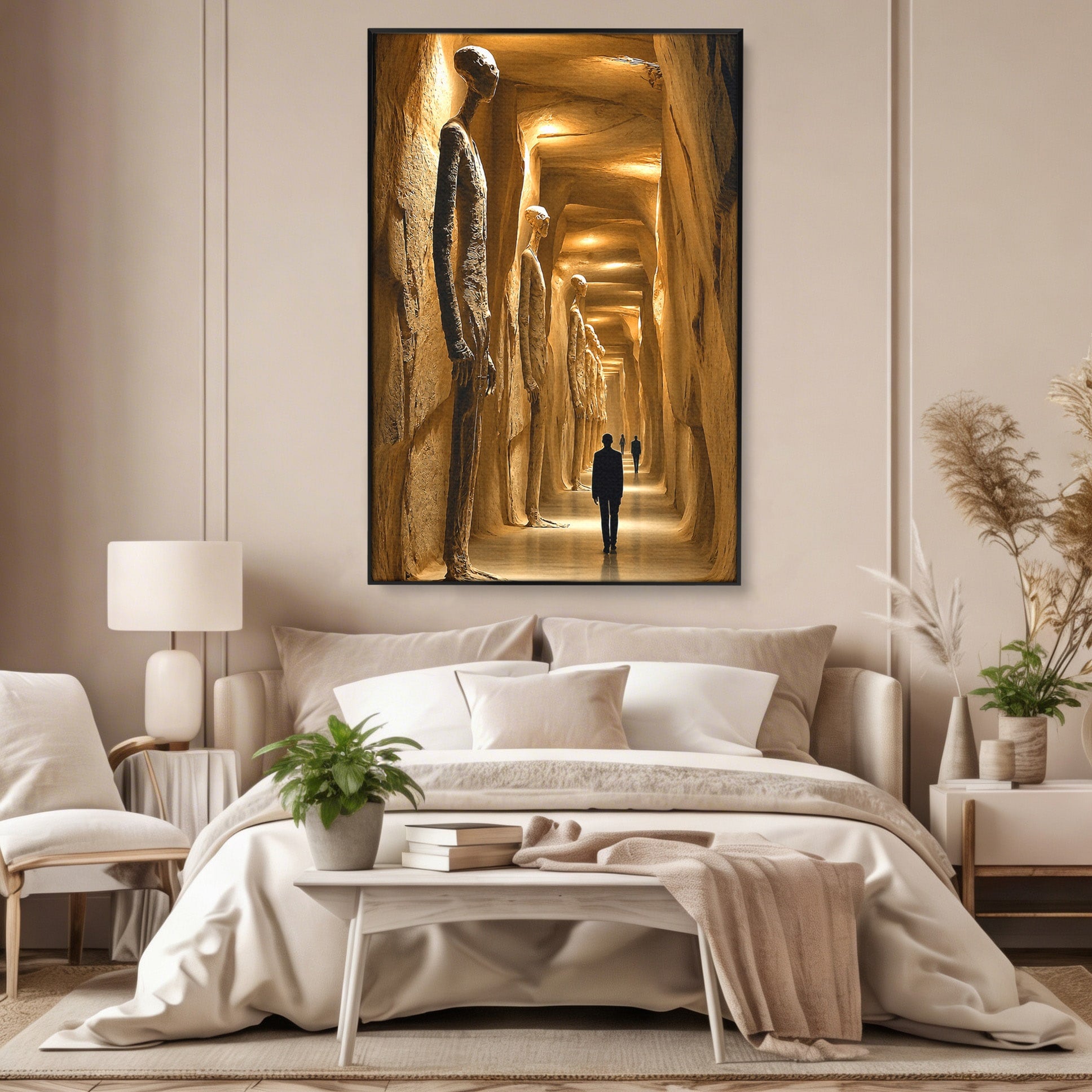 Tablou Canvas Premium LuxCanva® U1135, Coridorul Figurilor Enigmatice, Surrealism, Mister, Galerie, Figuri, Coridor, Living, Birou, Culori Vibrante