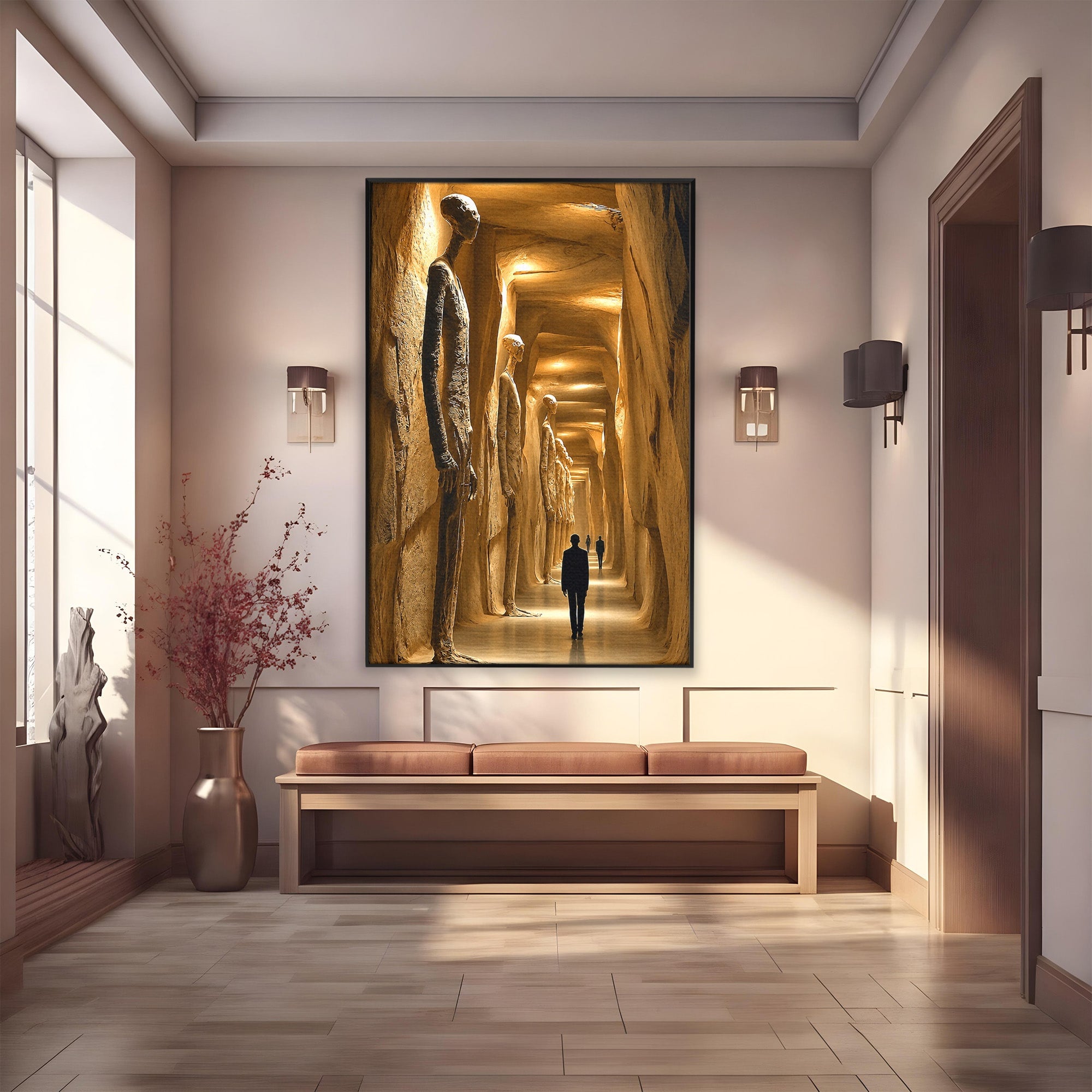 Tablou Canvas Premium LuxCanva® U1135, Coridorul Figurilor Enigmatice, Surrealism, Mister, Galerie, Figuri, Coridor, Living, Birou, Culori Vibrante