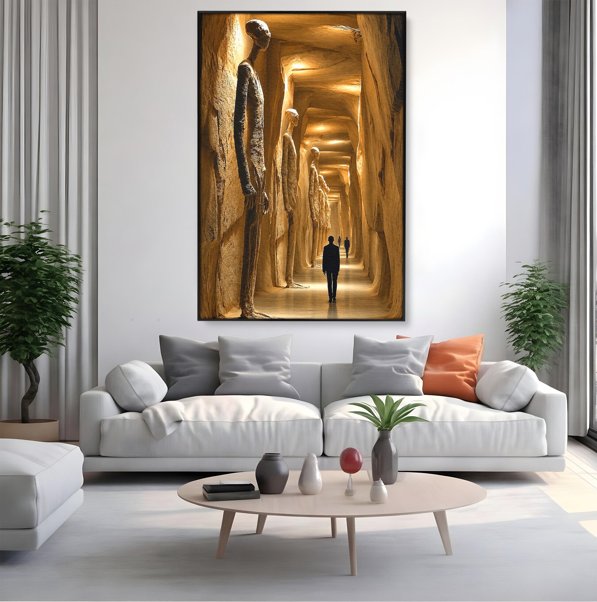 Tablou Canvas Premium LuxCanva® U1135, Coridorul Figurilor Enigmatice, Surrealism, Mister, Galerie, Figuri, Coridor, Living, Birou, Culori Vibrante