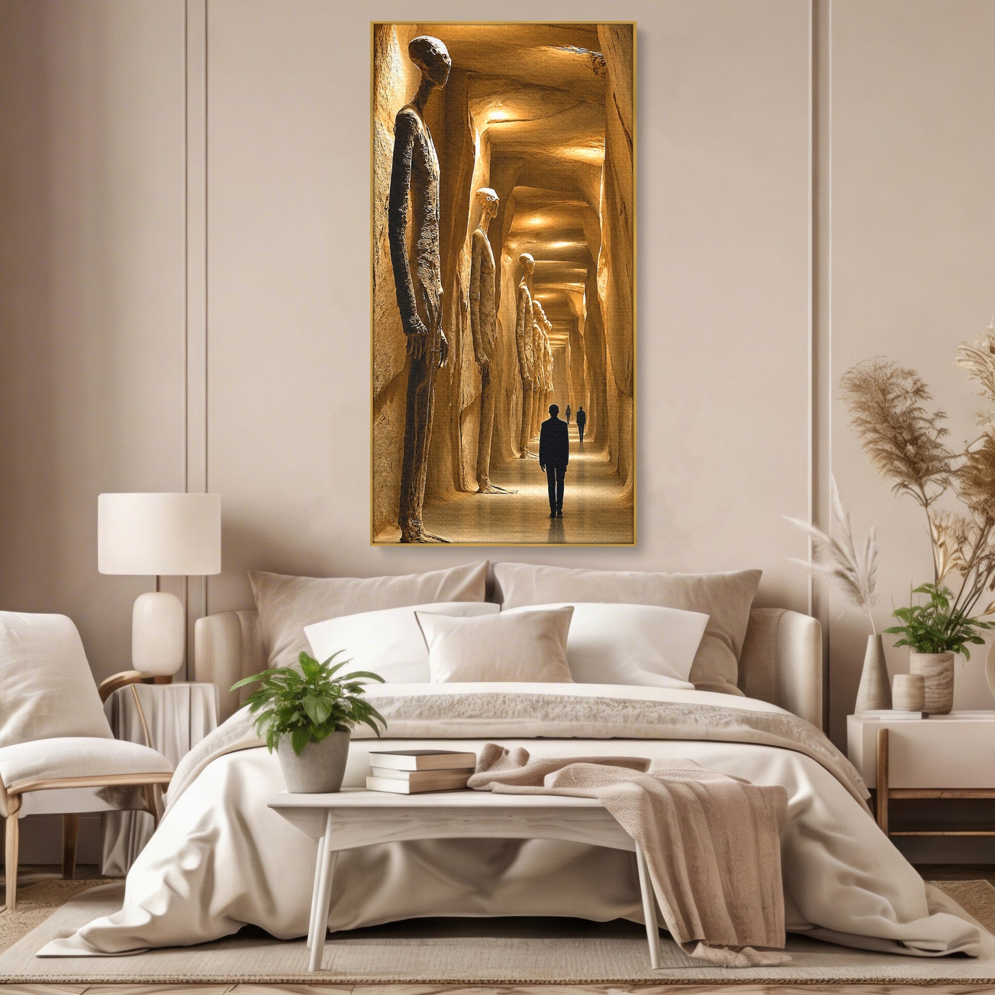 Tablou Canvas Premium LuxCanva® U1135, Coridorul Figurilor Enigmatice, Surrealism, Mister, Galerie, Figuri, Coridor, Living, Birou, Culori Vibrante