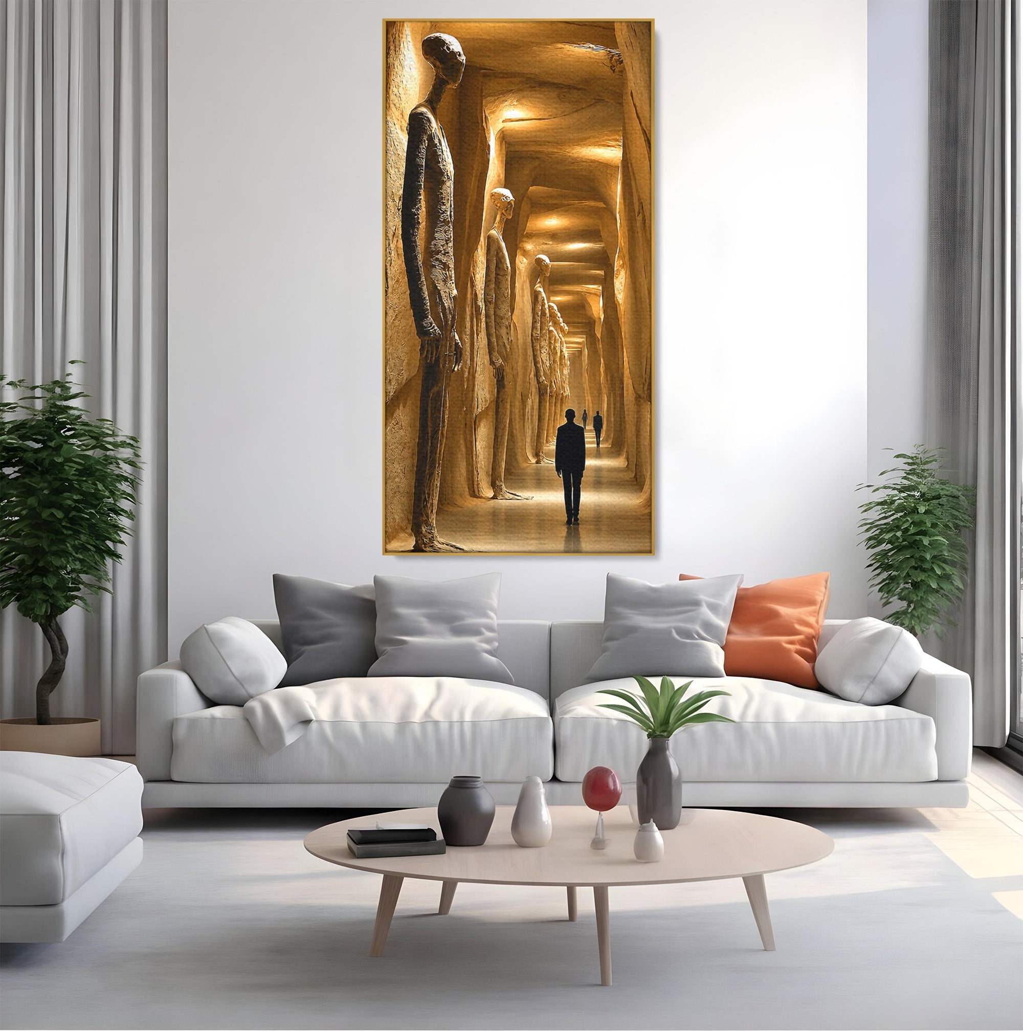 Tablou Canvas Premium LuxCanva® U1135, Coridorul Figurilor Enigmatice, Surrealism, Mister, Galerie, Figuri, Coridor, Living, Birou, Culori Vibrante