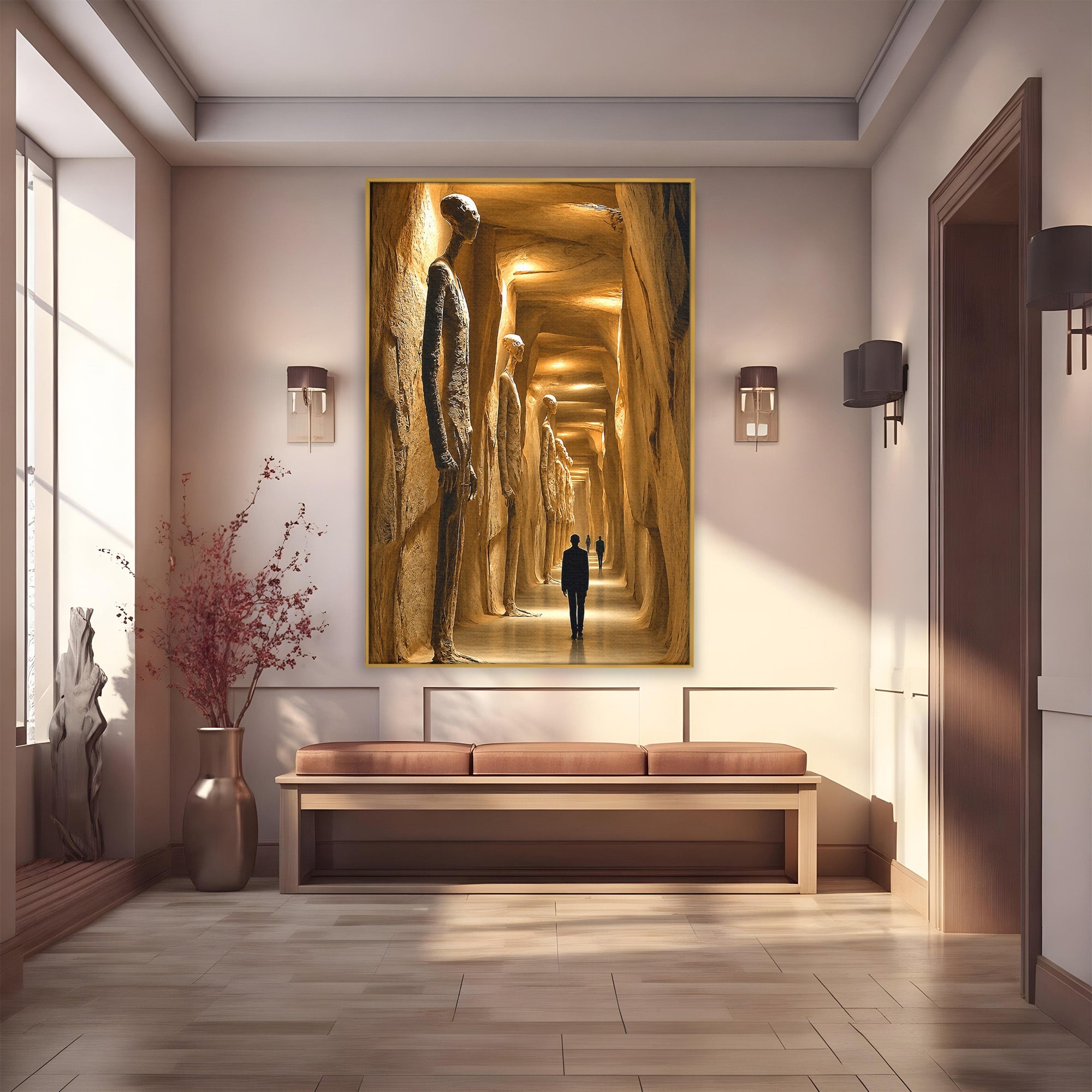 Tablou Canvas Premium LuxCanva® U1135, Coridorul Figurilor Enigmatice, Surrealism, Mister, Galerie, Figuri, Coridor, Living, Birou, Culori Vibrante